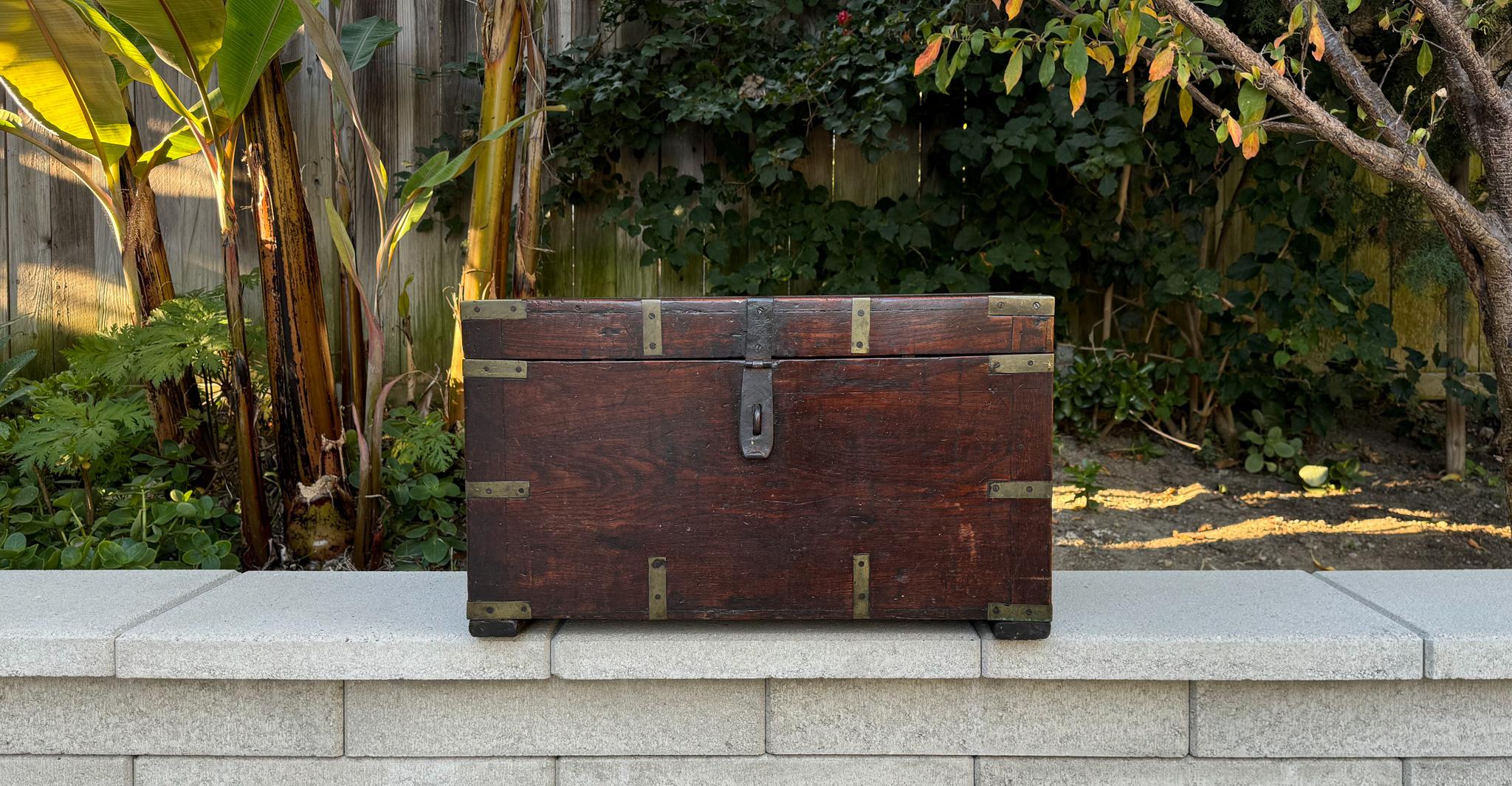 19th Century Brass Bound Wood Campaign Trunk In Good Condition In San Juan Capistrano, CA