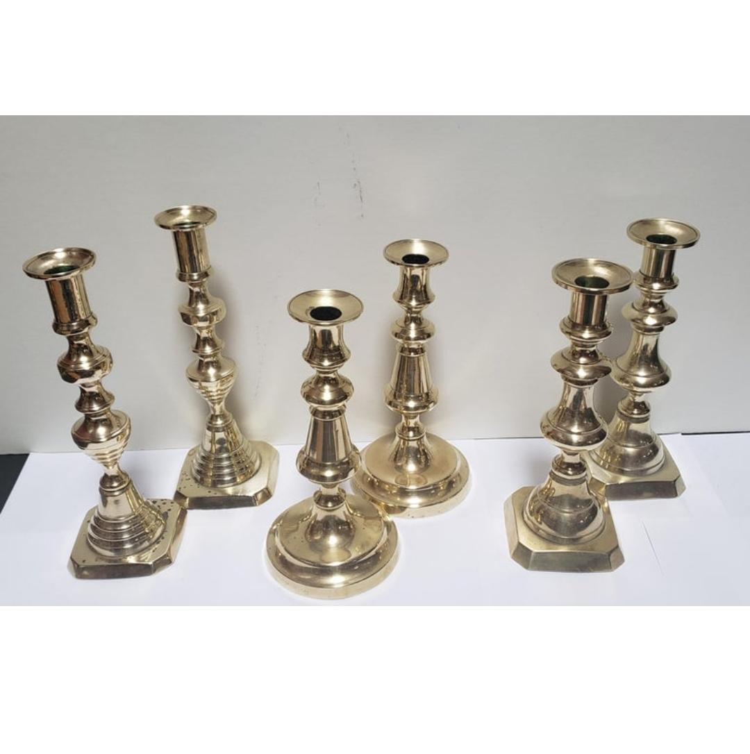 Victorian 19th Century Brass Candlesticks, England, circa 1830-1860 Three Pairs For Sale
