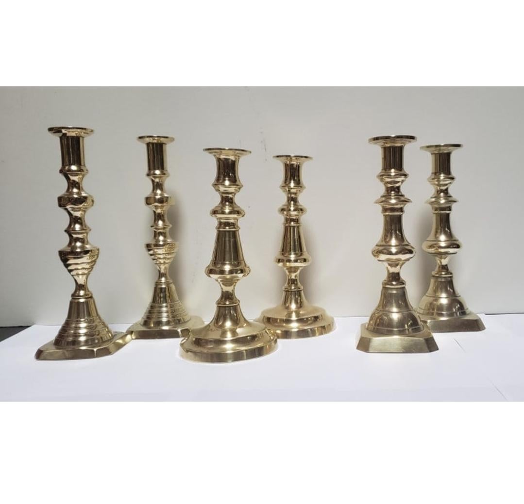 Cast 19th Century Brass Candlesticks, England, circa 1830-1860 Three Pairs For Sale