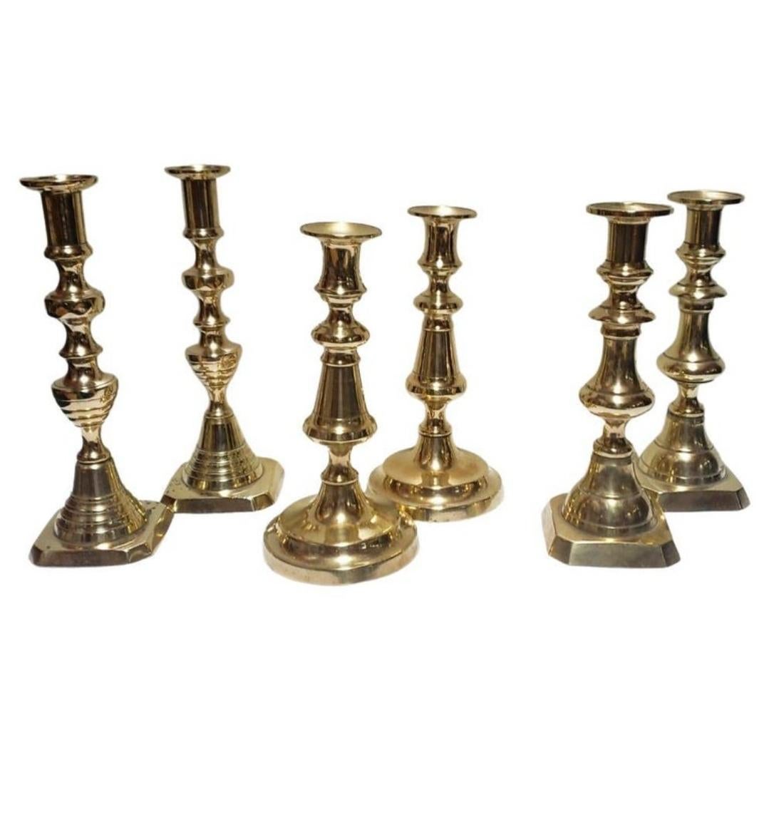 19th Century Brass Candlesticks, England, circa 1830-1860 Three Pairs In Good Condition For Sale In Hudson, NY