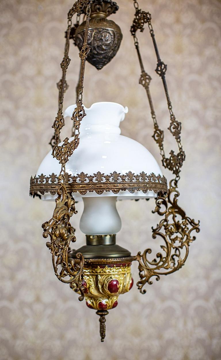 19th Century Brass-Ceramic Kerosene Lamp Turned Into Electric Ceiling Lamp 7