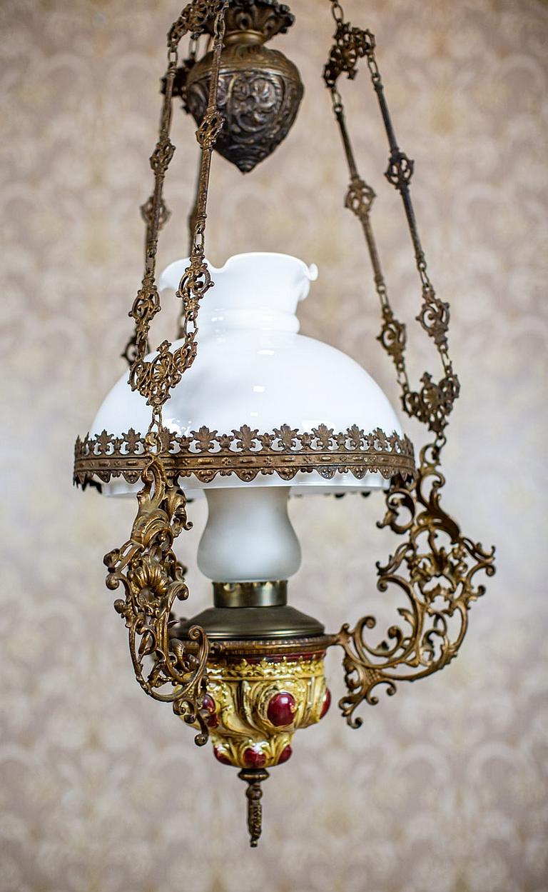 19th Century BrassCeramic Kerosene Lamp Turned Into Electric Ceiling Lamp For Sale at 1stDibs