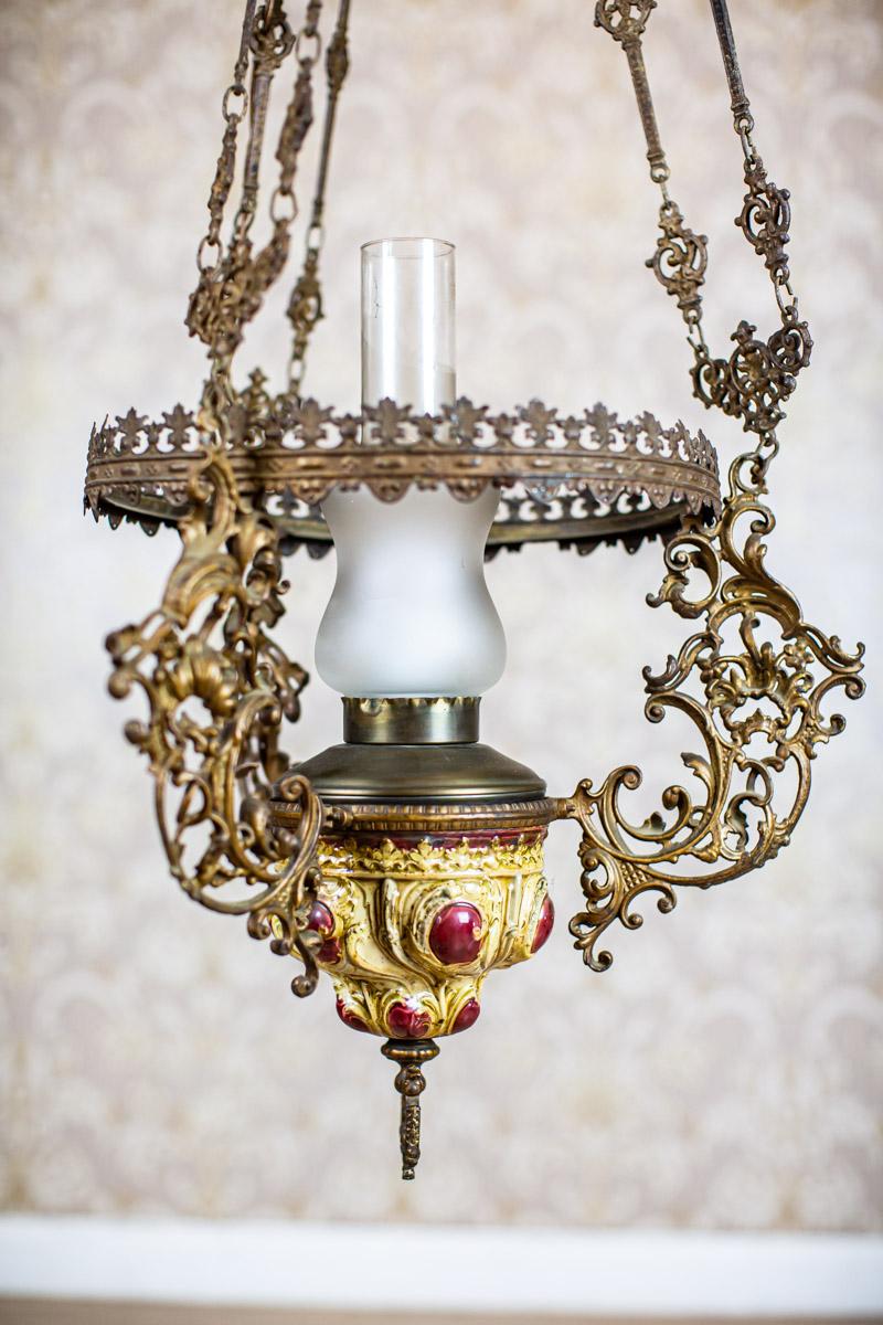 19th Century Brass-Ceramic Kerosene Lamp Turned Into Electric Ceiling Lamp 8