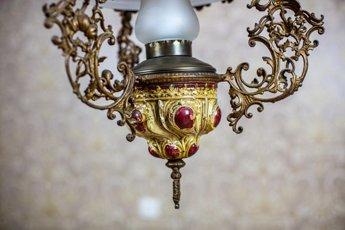 19th Century Brass-Ceramic Kerosene Lamp Turned Into Electric Ceiling Lamp 9