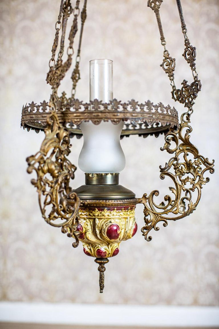19th Century BrassCeramic Kerosene Lamp Turned Into Electric Ceiling Lamp For Sale at 1stDibs