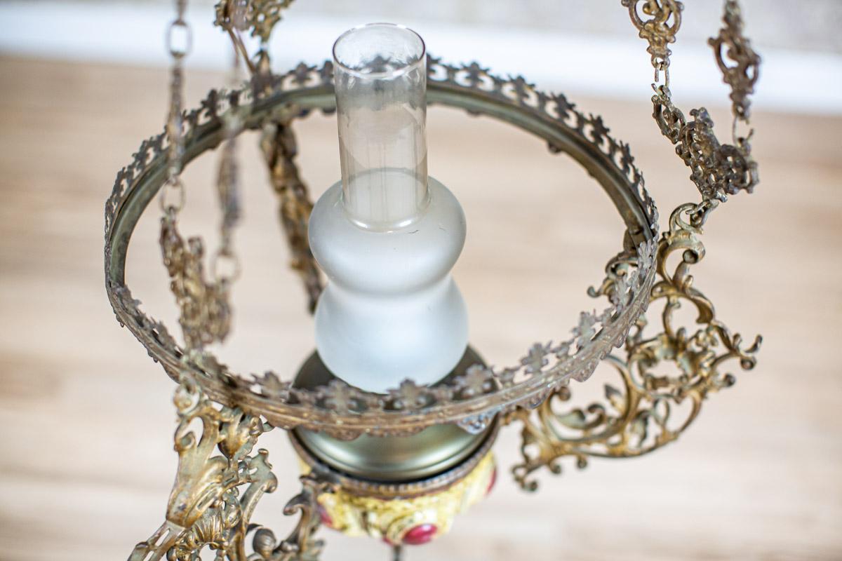 19th Century Brass-Ceramic Kerosene Lamp Turned Into Electric Ceiling Lamp 11