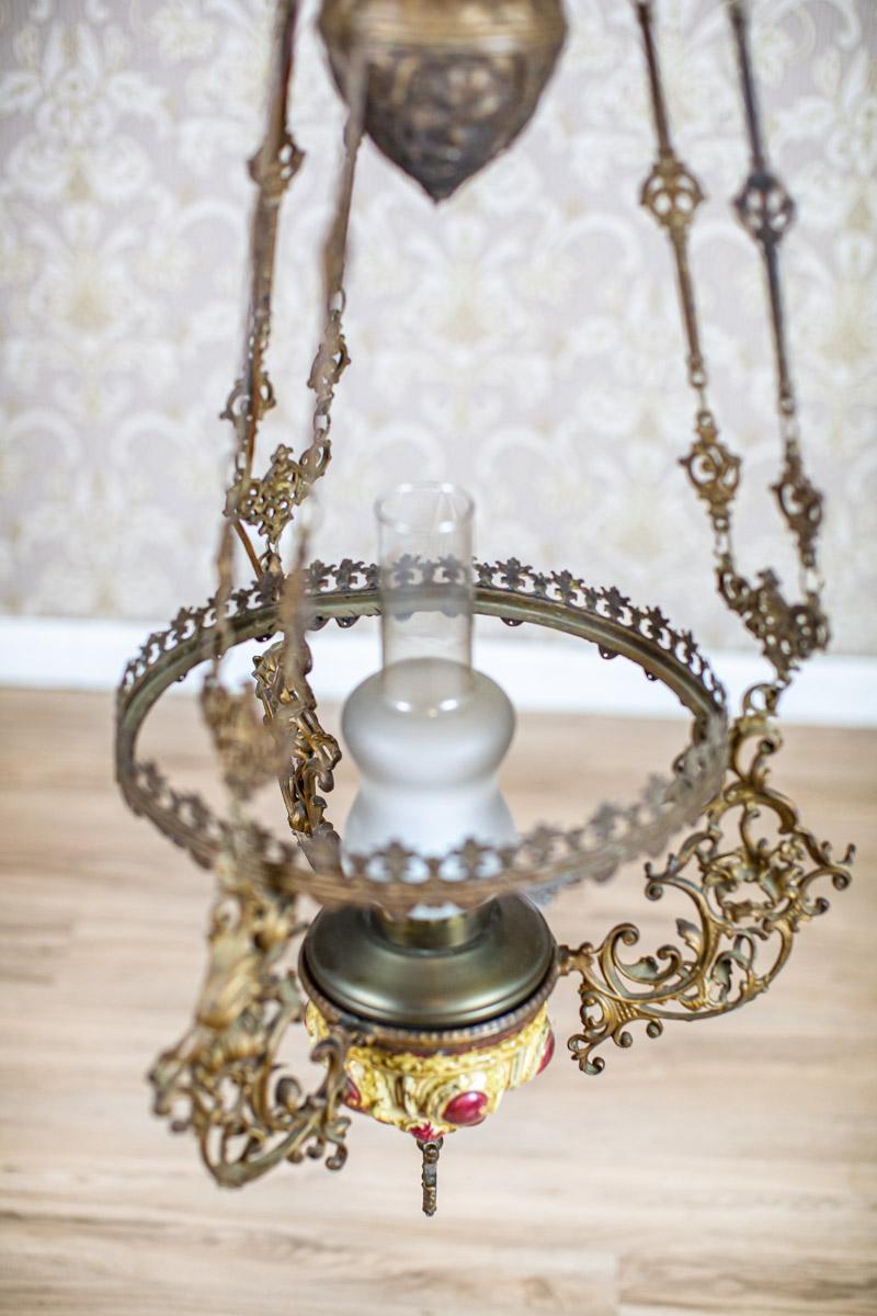 19th Century Brass-Ceramic Kerosene Lamp Turned Into Electric Ceiling Lamp 12