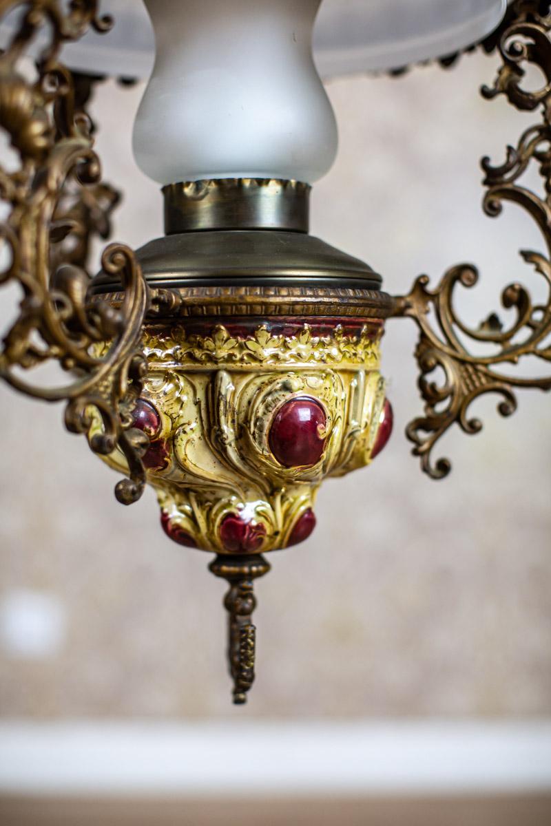 European 19th Century Brass-Ceramic Kerosene Lamp Turned Into Electric Ceiling Lamp