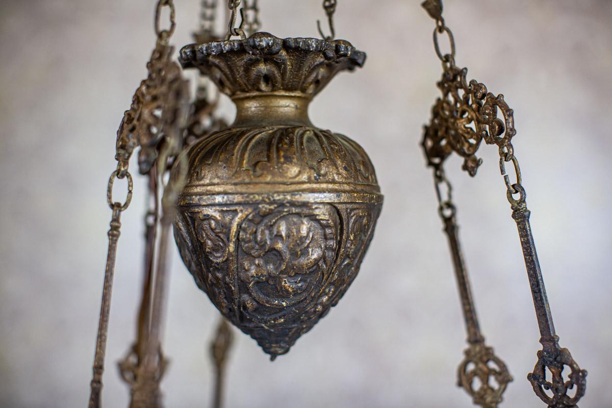 19th Century Brass-Ceramic Kerosene Lamp Turned Into Electric Ceiling Lamp In Good Condition In Opole, PL