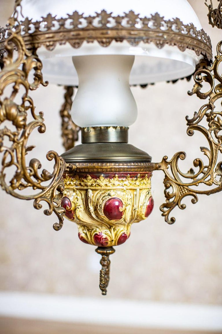 19th Century BrassCeramic Kerosene Lamp Turned Into Electric Ceiling Lamp For Sale at 1stDibs