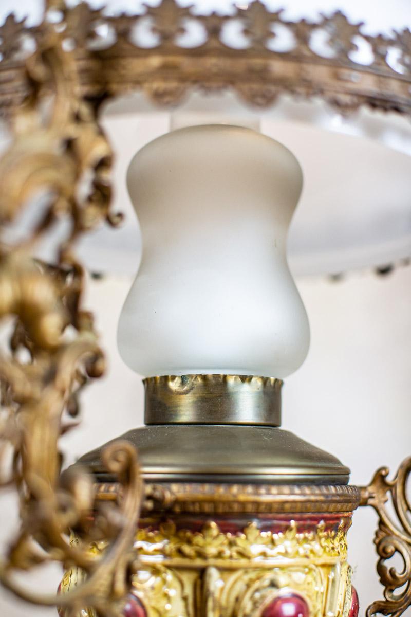 19th Century Brass-Ceramic Kerosene Lamp Turned Into Electric Ceiling Lamp 5