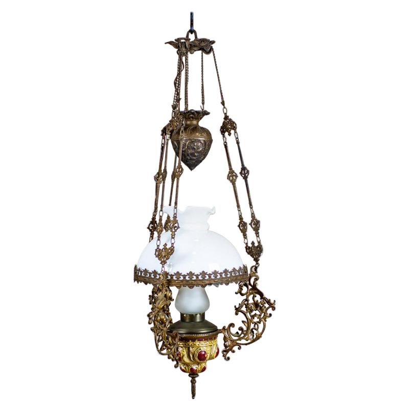 19th Century Brass-Ceramic Kerosene Lamp Turned Into Electric Ceiling Lamp
