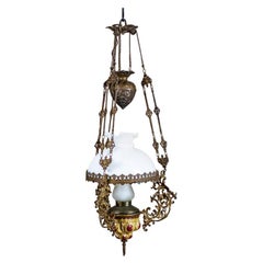 Antique 19th Century Brass-Ceramic Kerosene Lamp Turned Into Electric Ceiling Lamp