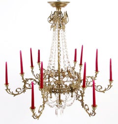 19th Century Brass Chandelier with 6 Arms, 12 Candles
