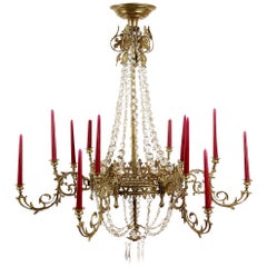 Antique 19th Century Brass Chandelier with 6 Arms, 12 Candles