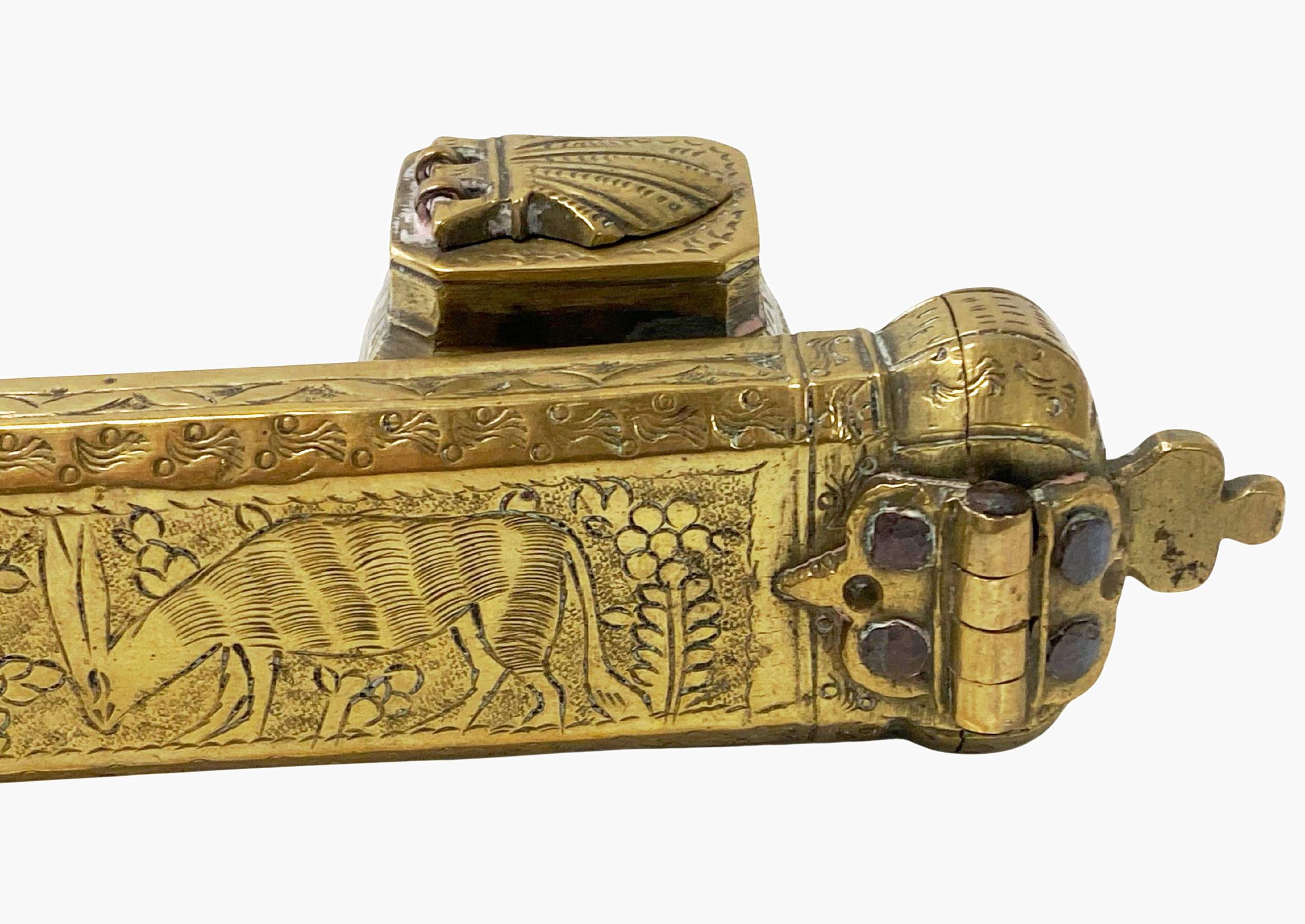 19th century brass decorated Middle Eastern Inkwell Qalamdan For Sale 3