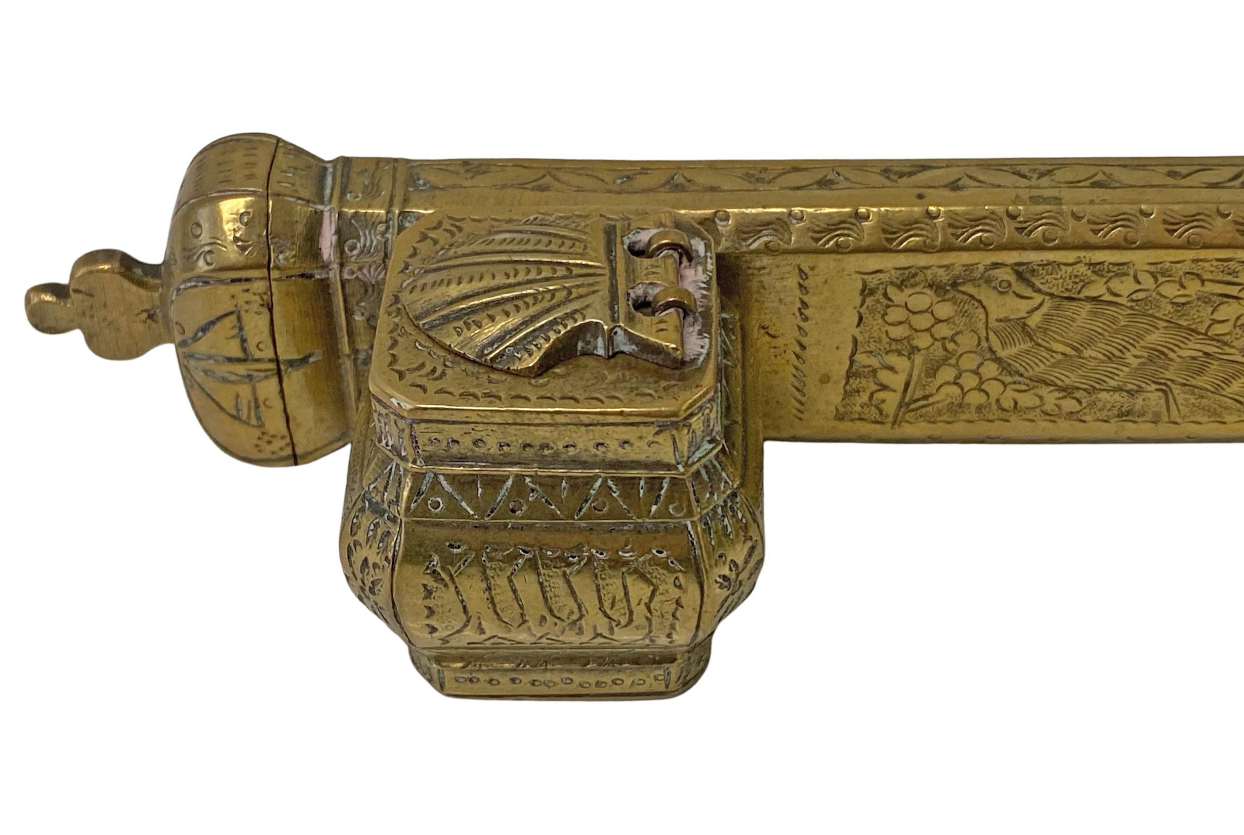 Moorish 19th century brass decorated Middle Eastern Inkwell Qalamdan For Sale