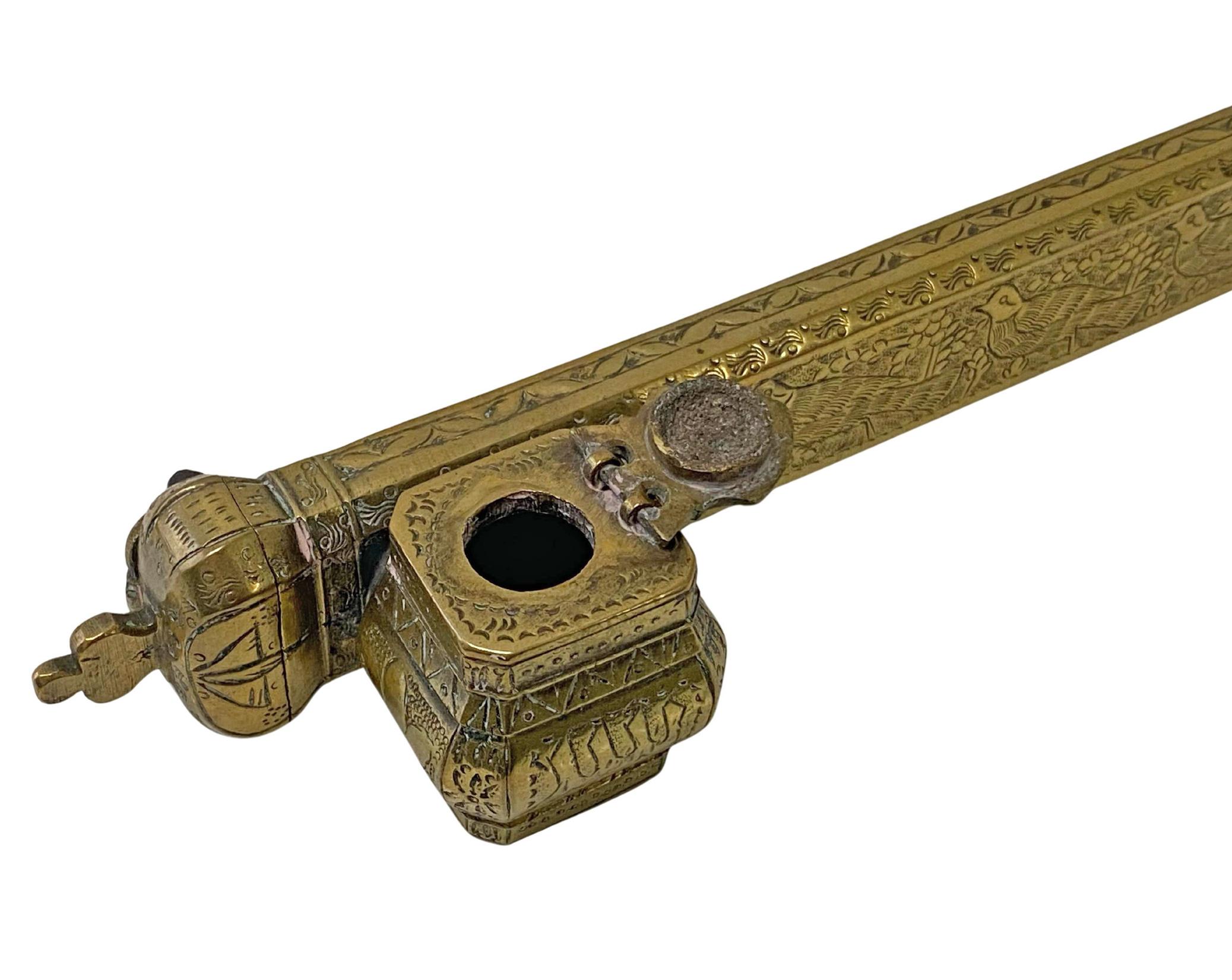 Asian 19th century brass decorated Middle Eastern Inkwell Qalamdan For Sale