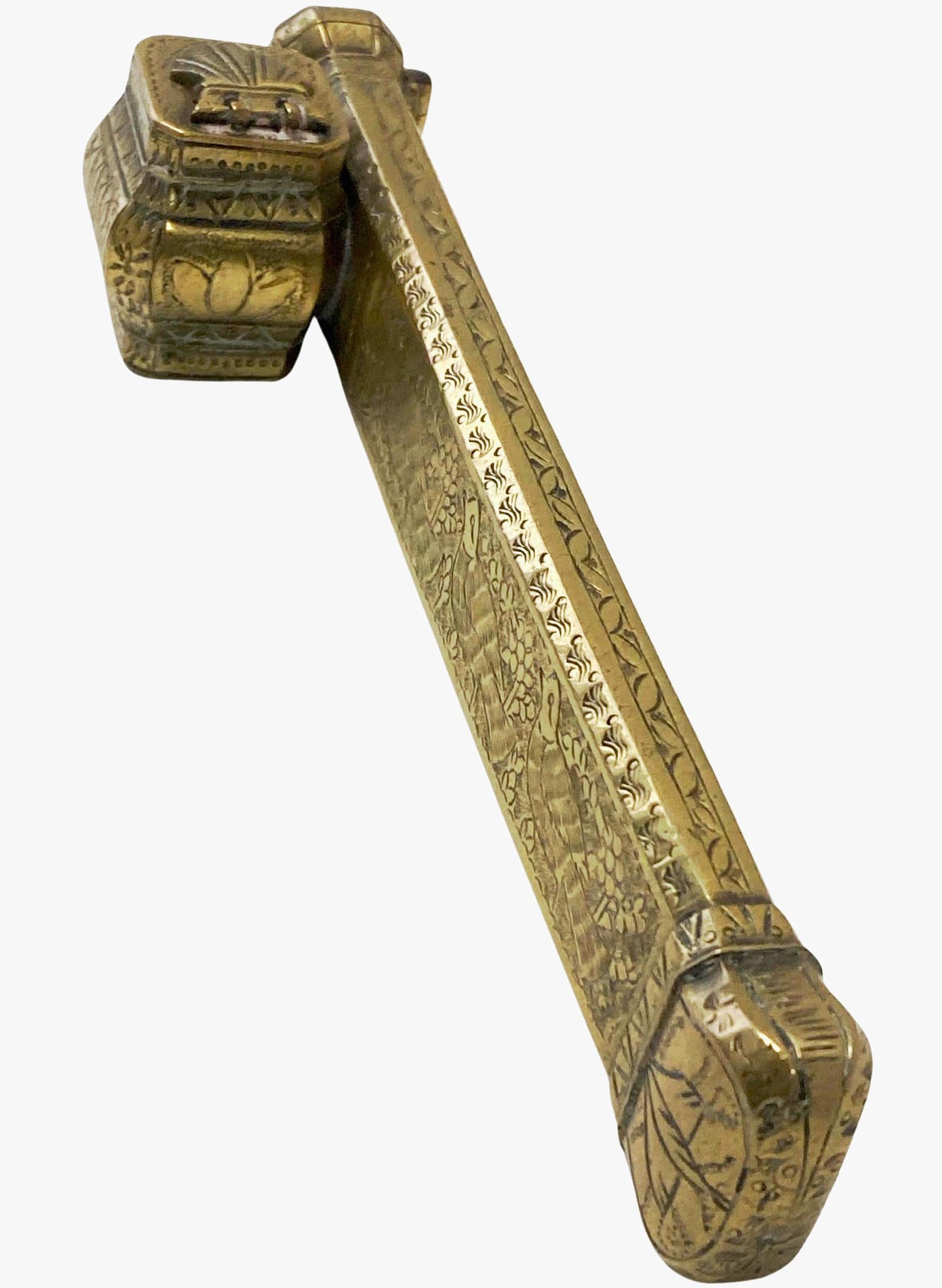 Hammered 19th century brass decorated Middle Eastern Inkwell Qalamdan For Sale