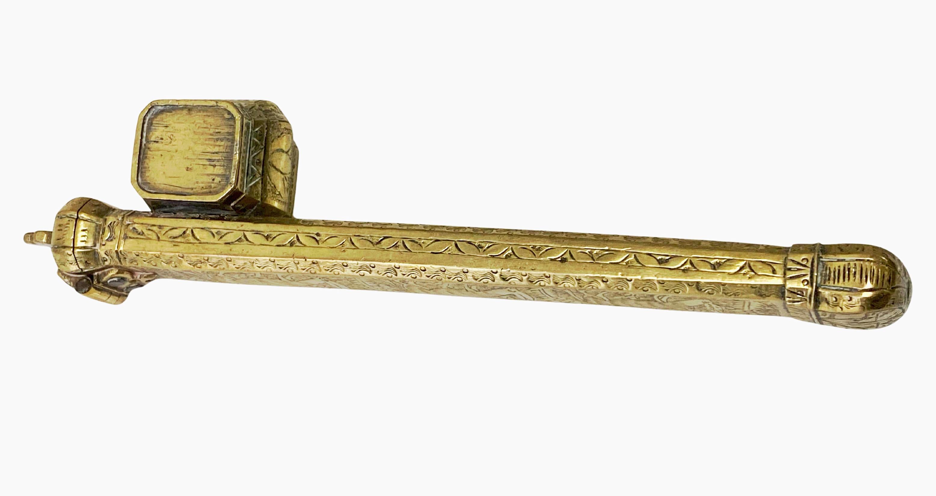19th century brass decorated Middle Eastern Inkwell Qalamdan In Good Condition For Sale In Toronto, Ontario