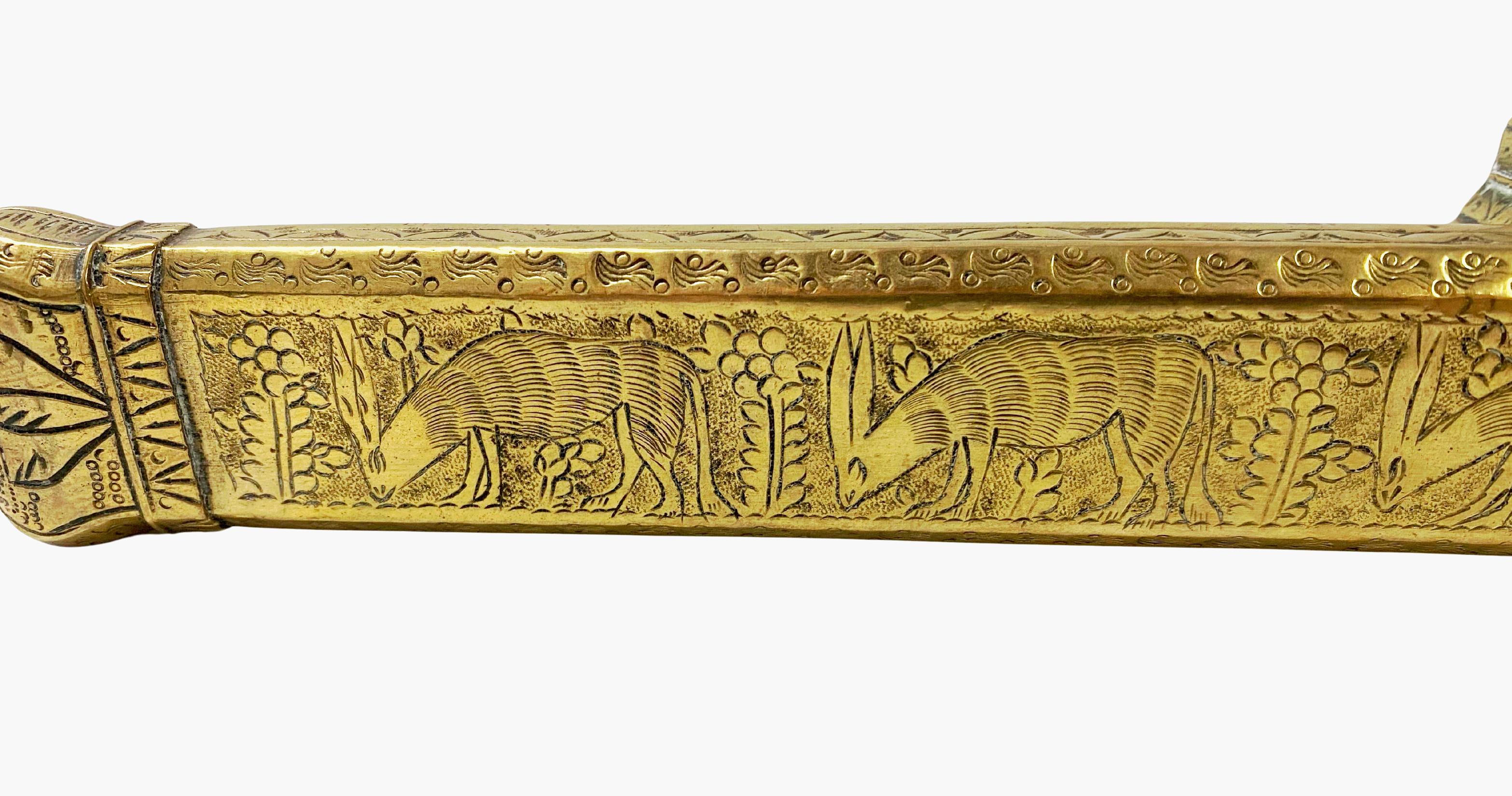 Brass 19th century brass decorated Middle Eastern Inkwell Qalamdan For Sale