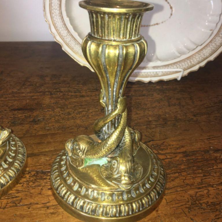 19th Century Brass Dolphin Candlesticks In Good Condition In Doylestown, PA