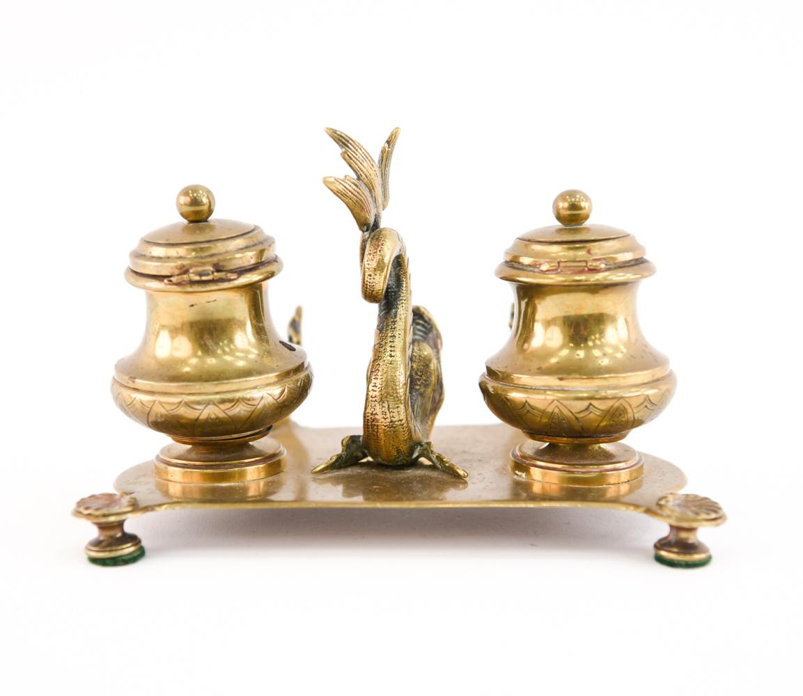 19th Century Brass Double Inkwell with Dolphin 4