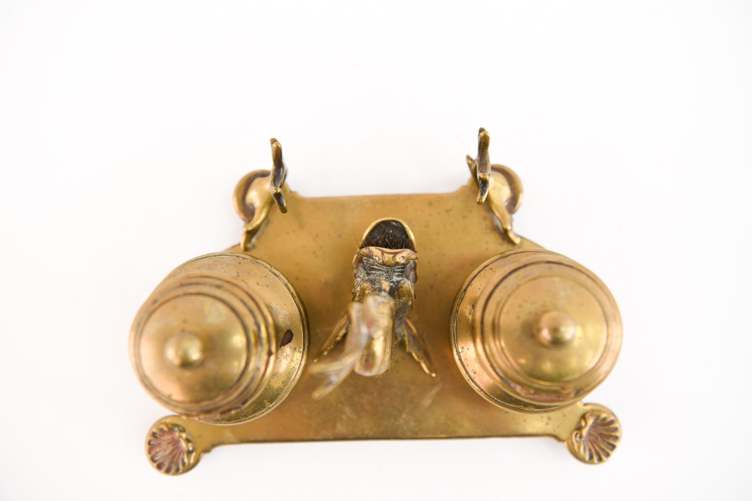 19th Century Brass Double Inkwell with Dolphin 5