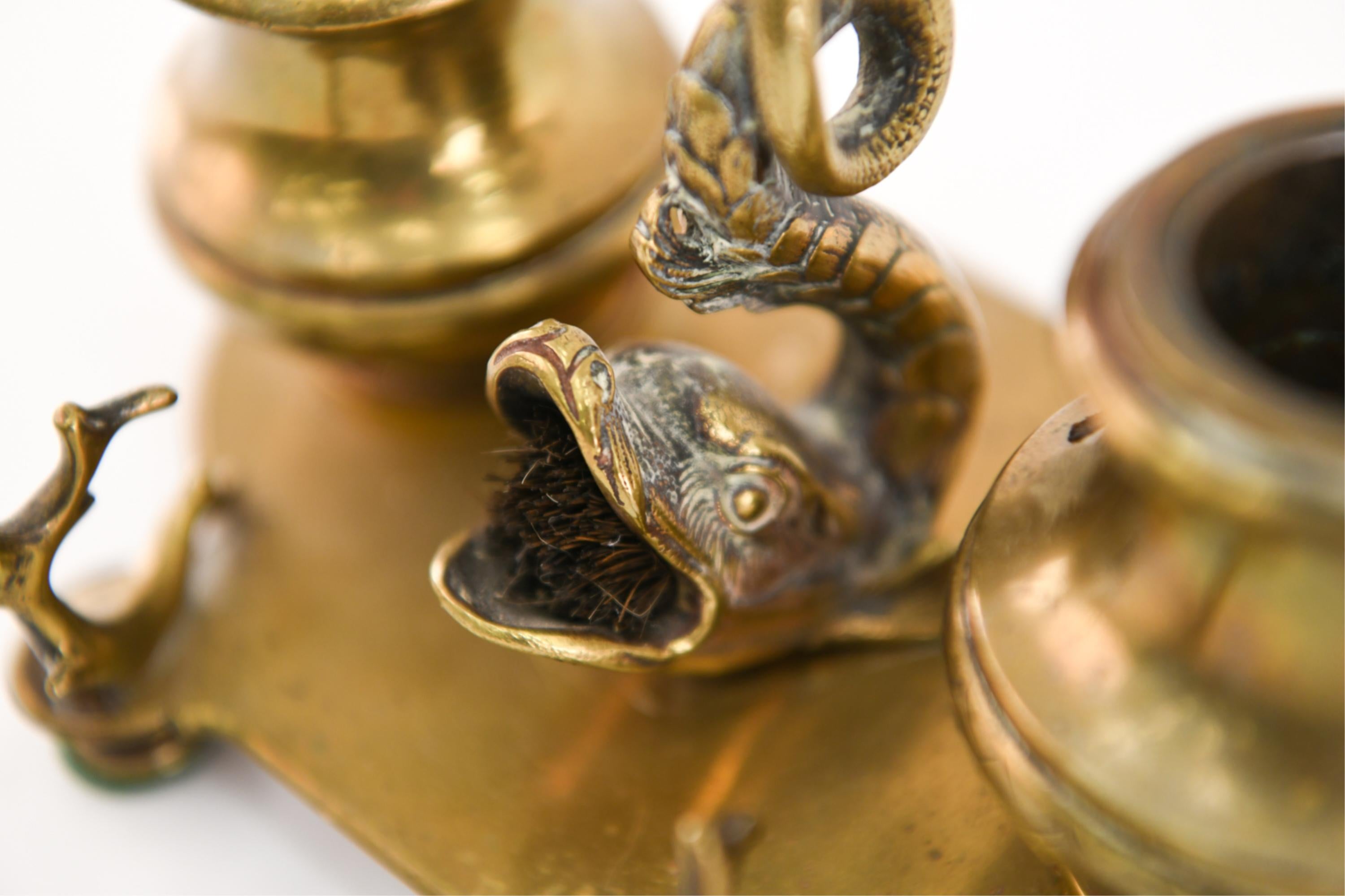 19th Century Brass Double Inkwell with Dolphin 7
