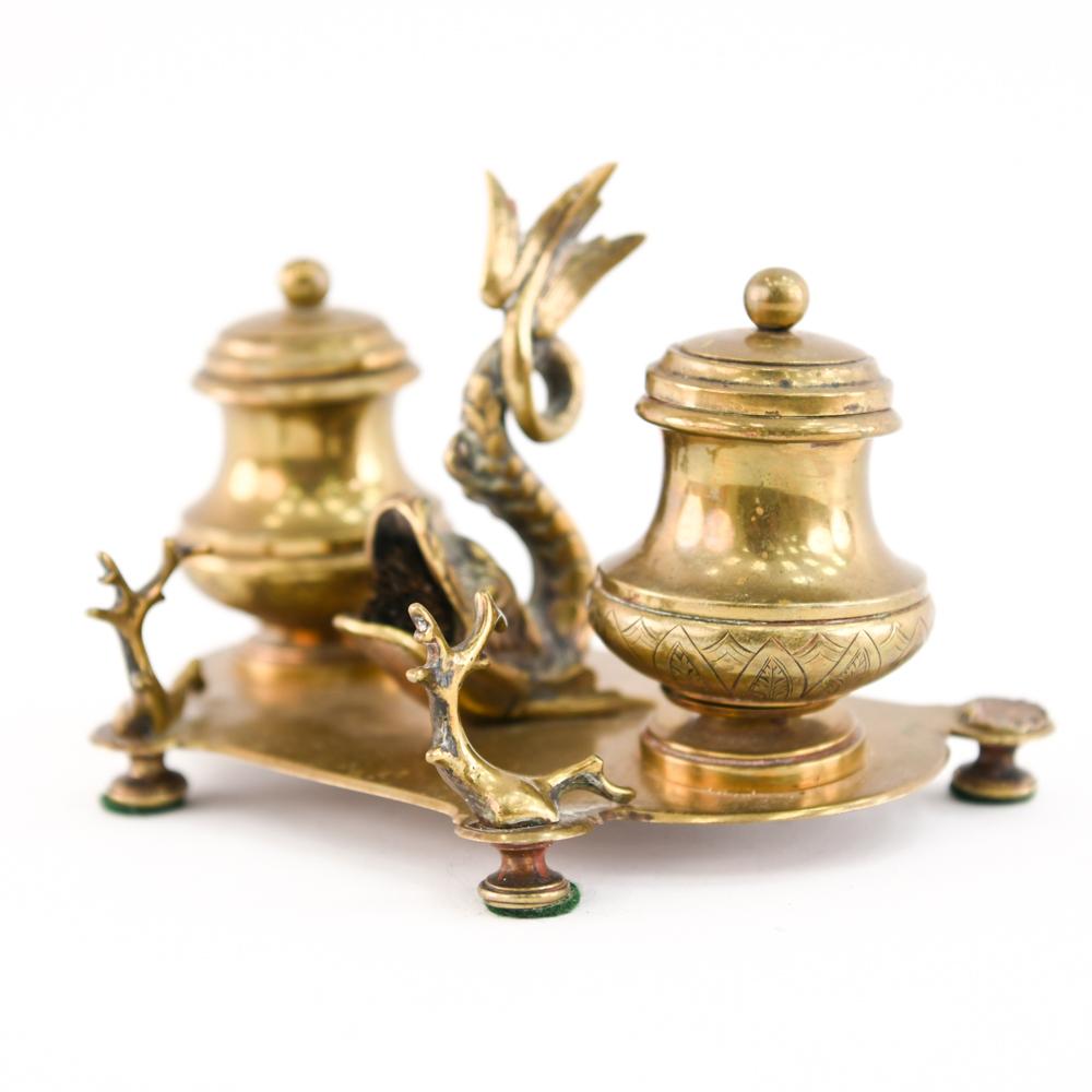19th Century Brass Double Inkwell with Dolphin In Good Condition In Norwalk, CT