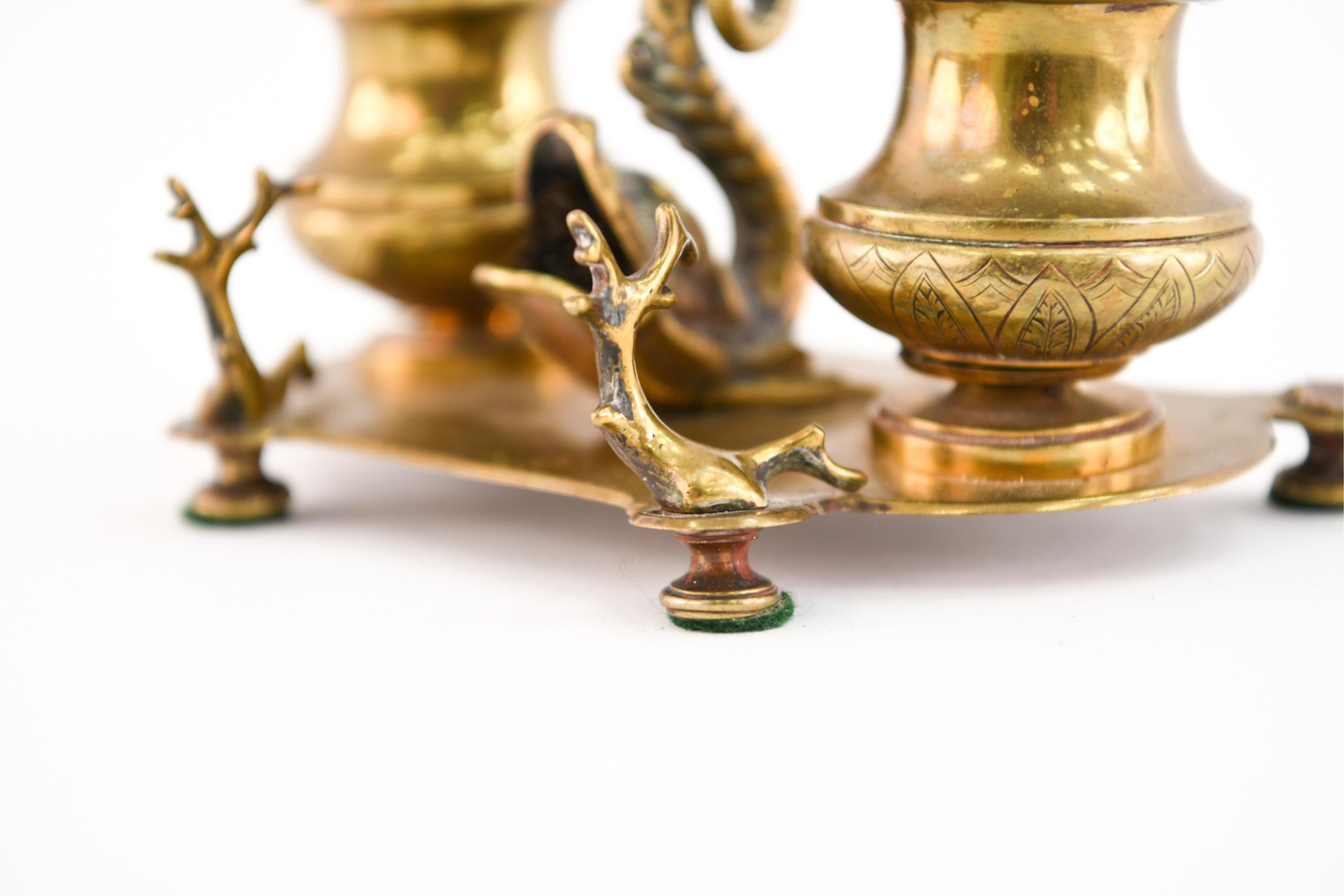 19th Century Brass Double Inkwell with Dolphin 1