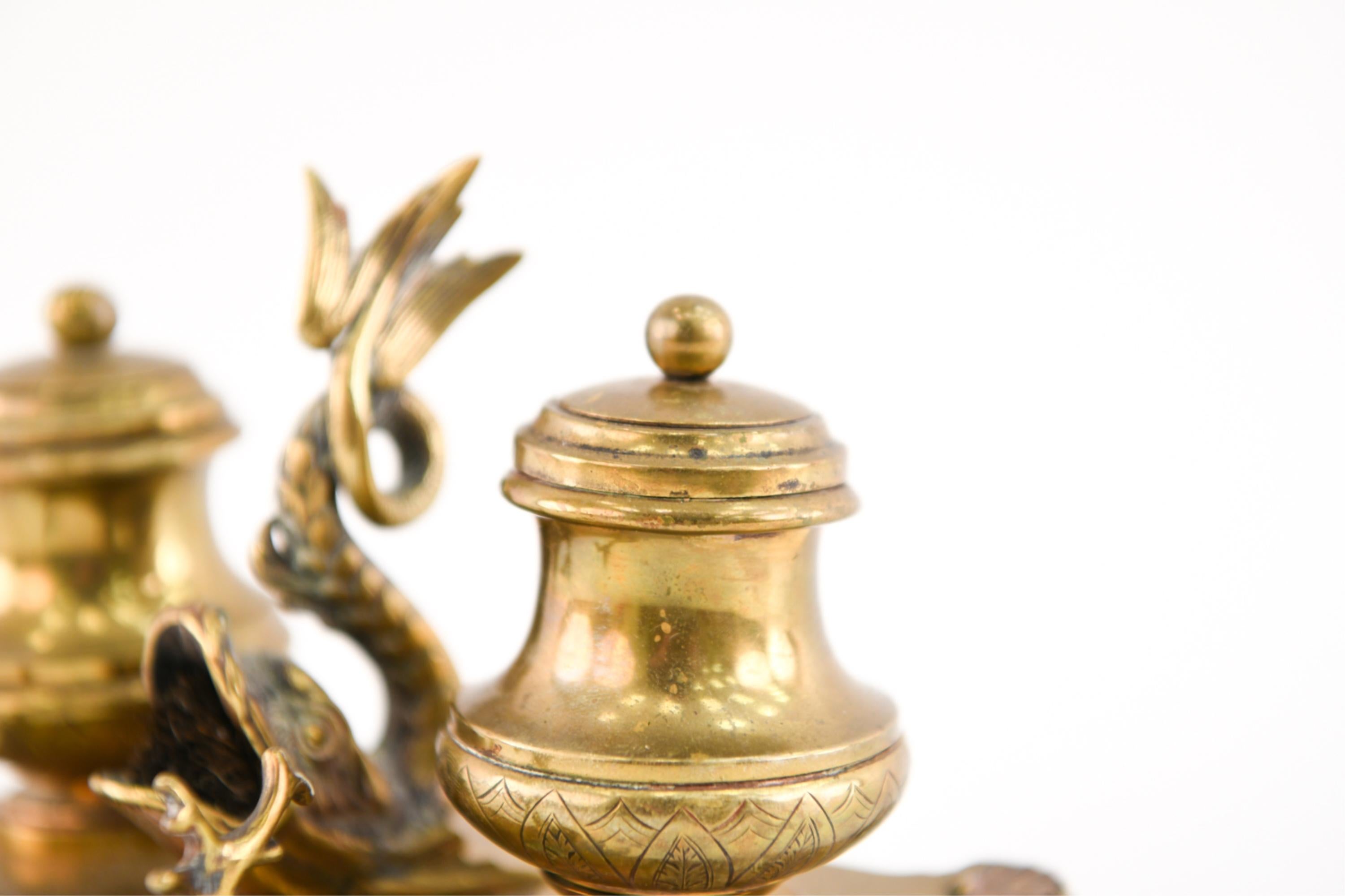 19th Century Brass Double Inkwell with Dolphin 2