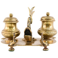 19th Century Brass Double Inkwell with Dolphin