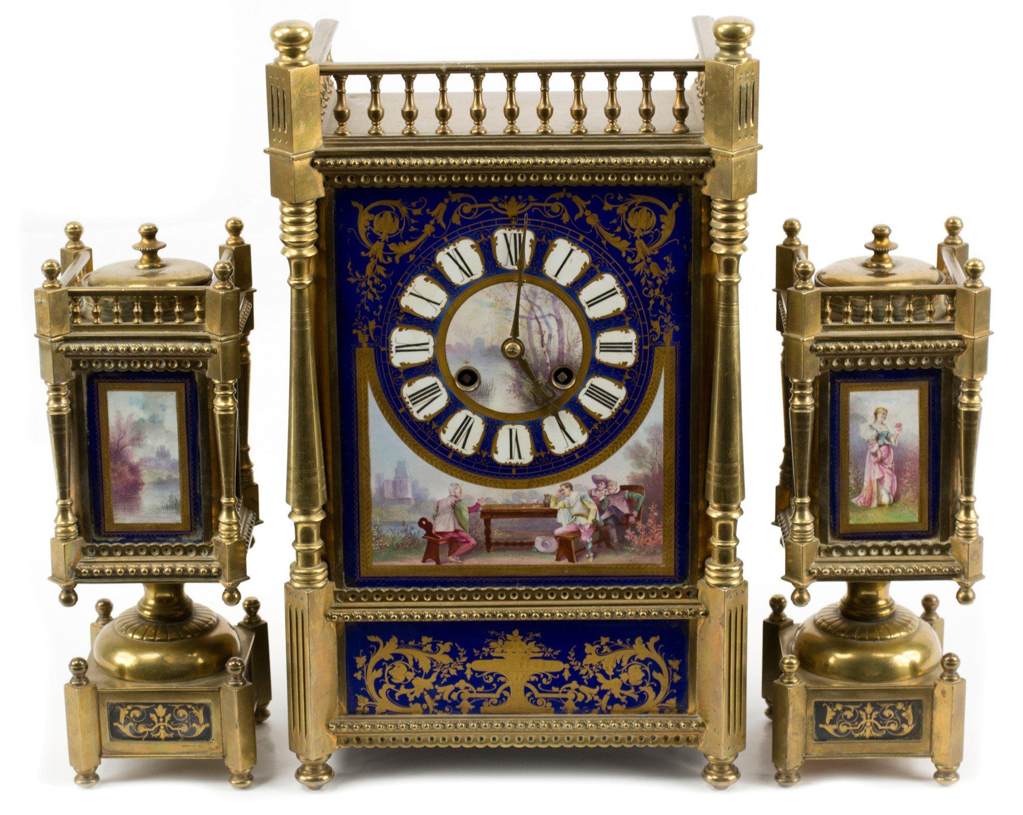 Beaux Arts An English Porcelain Clock and Ormolu Garniture For Sale