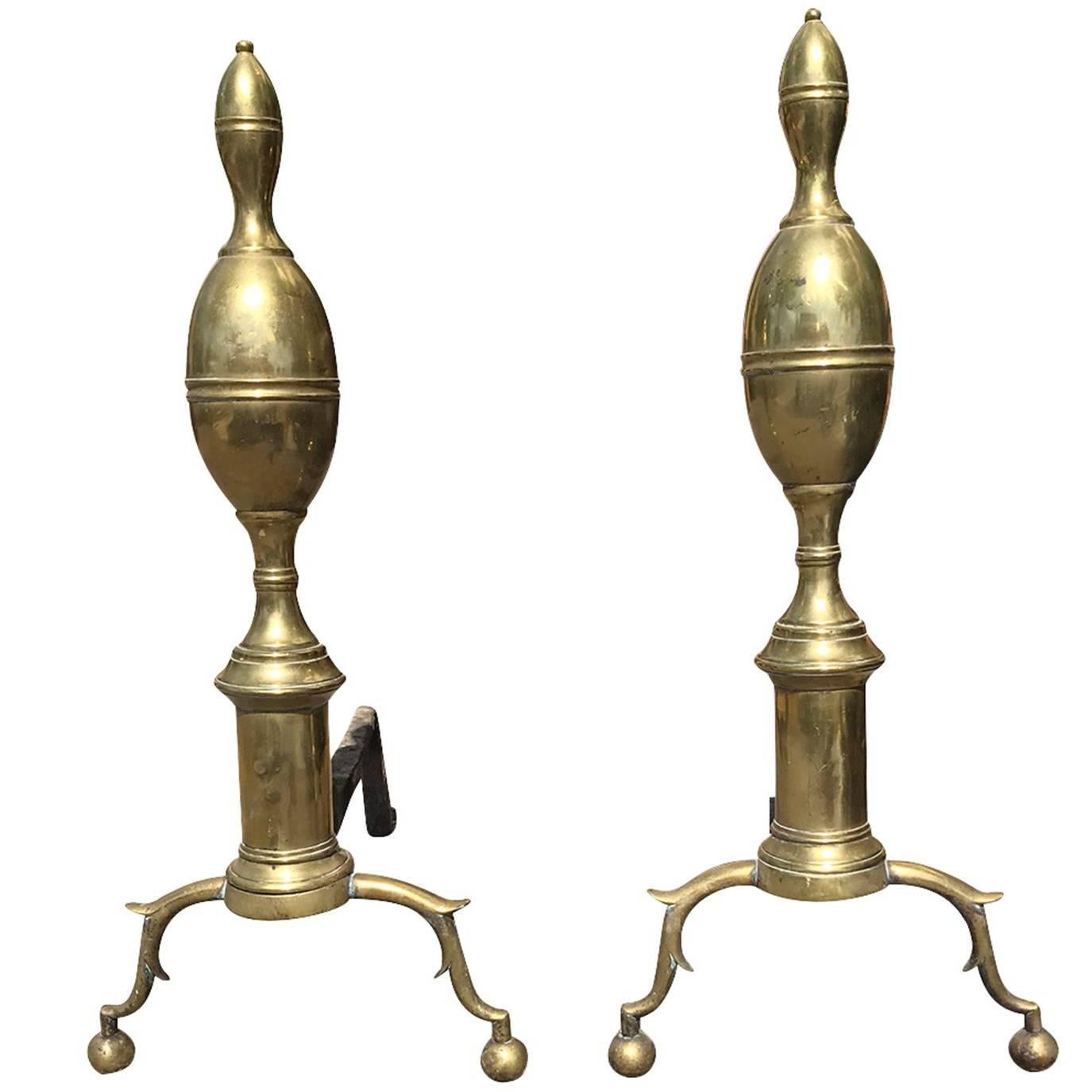19th Century Brass Federal Andirons, Double Lemons