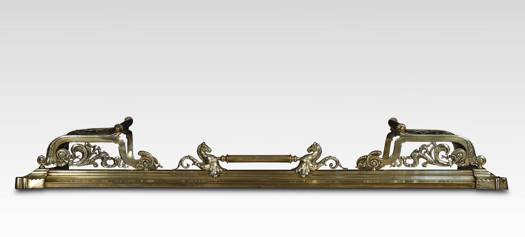 19th century brass fender. Having pierced brackets flanking two mythological serpents all raised up on stepped plinth base.
Dimensions
Height 7.5 inches
Length 54 inches
Depth 15 inches.