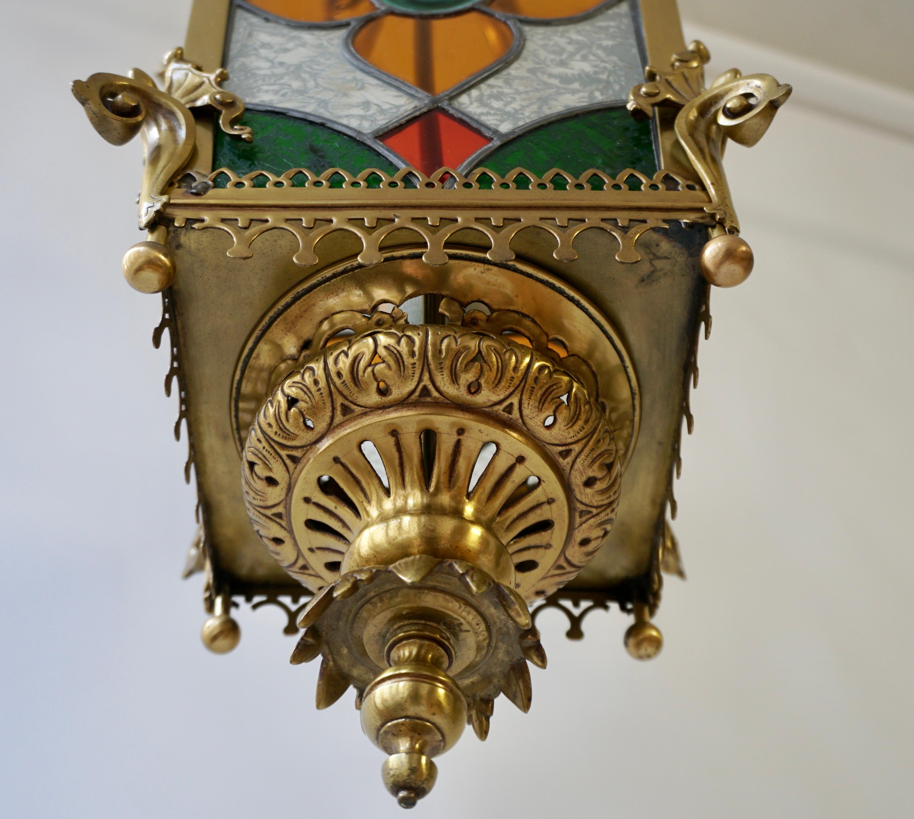 19th Century Brass Hall Lantern With Original Stained Glass For Sale 7