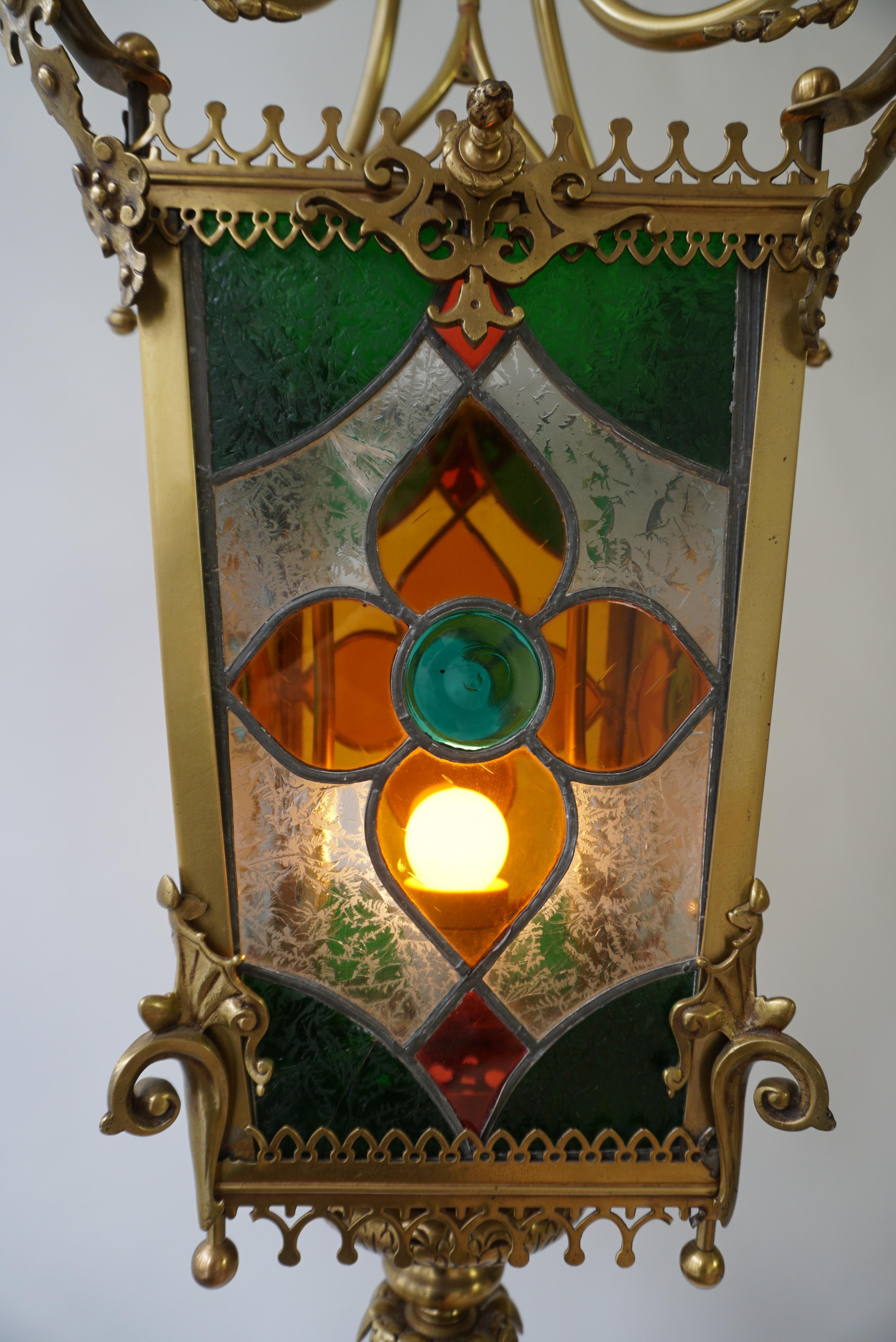 19th Century Brass Hall Lantern With Original Stained Glass For Sale 8