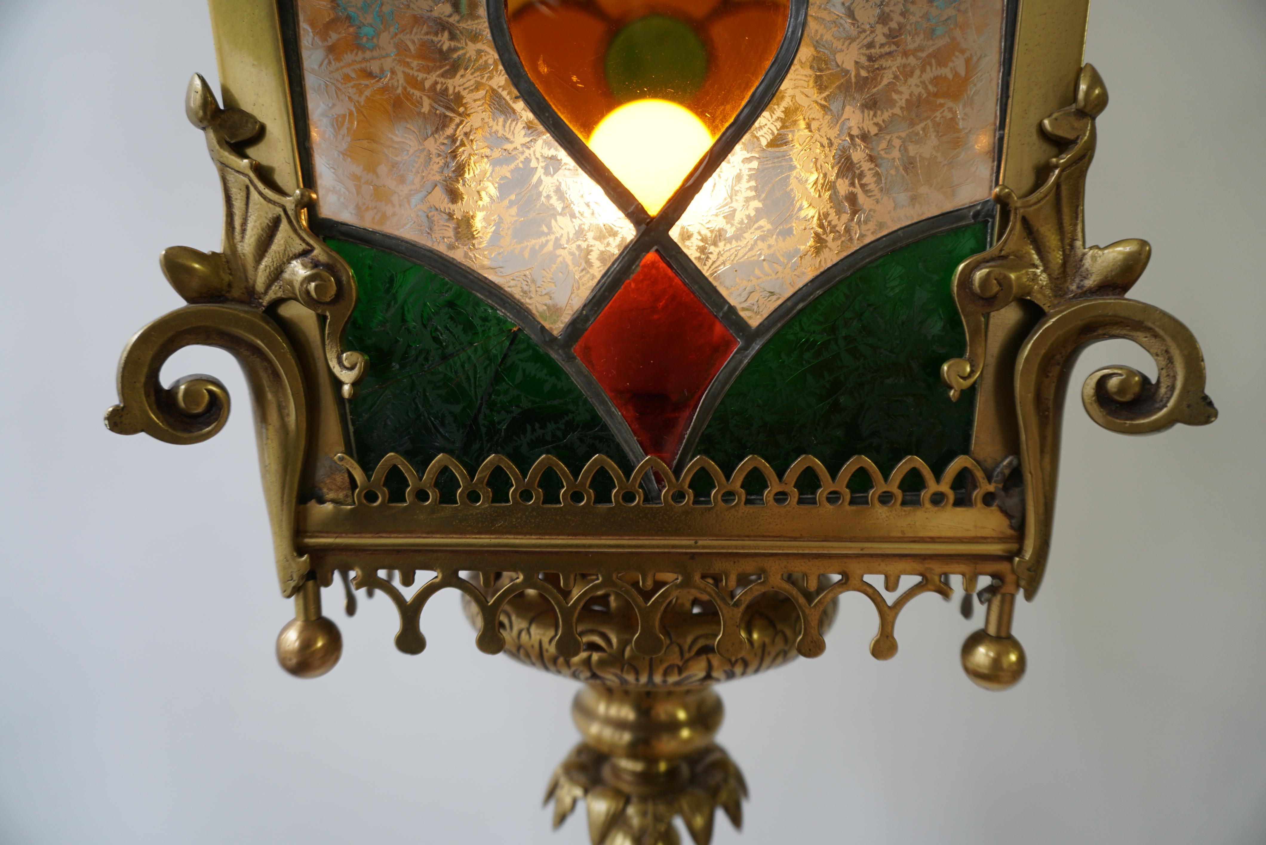19th Century Brass Hall Lantern With Original Stained Glass For Sale 9