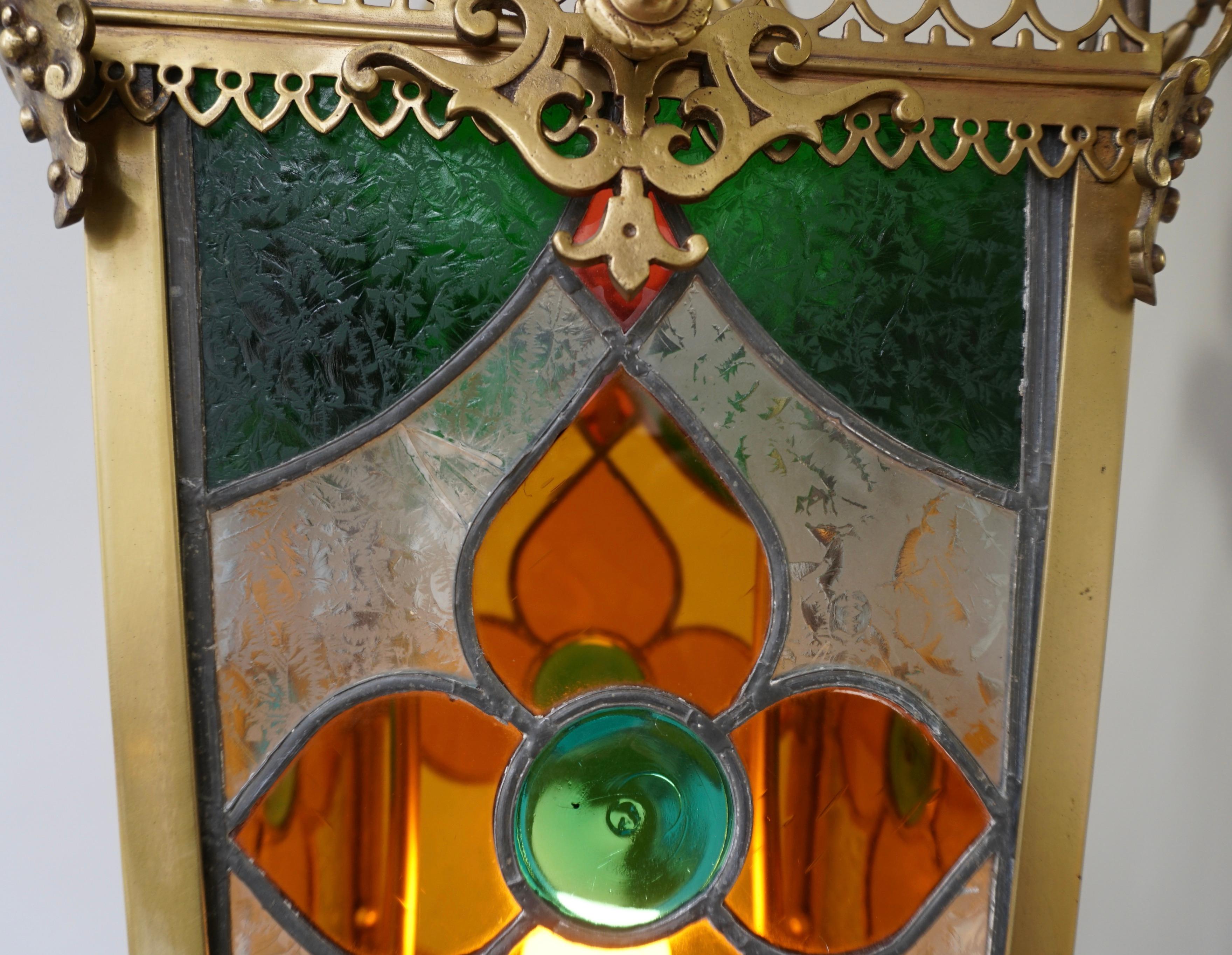 19th Century Brass Hall Lantern With Original Stained Glass For Sale 10