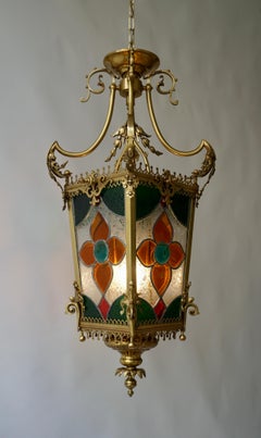 19th Century Brass Hall Lantern With Original Stained Glass