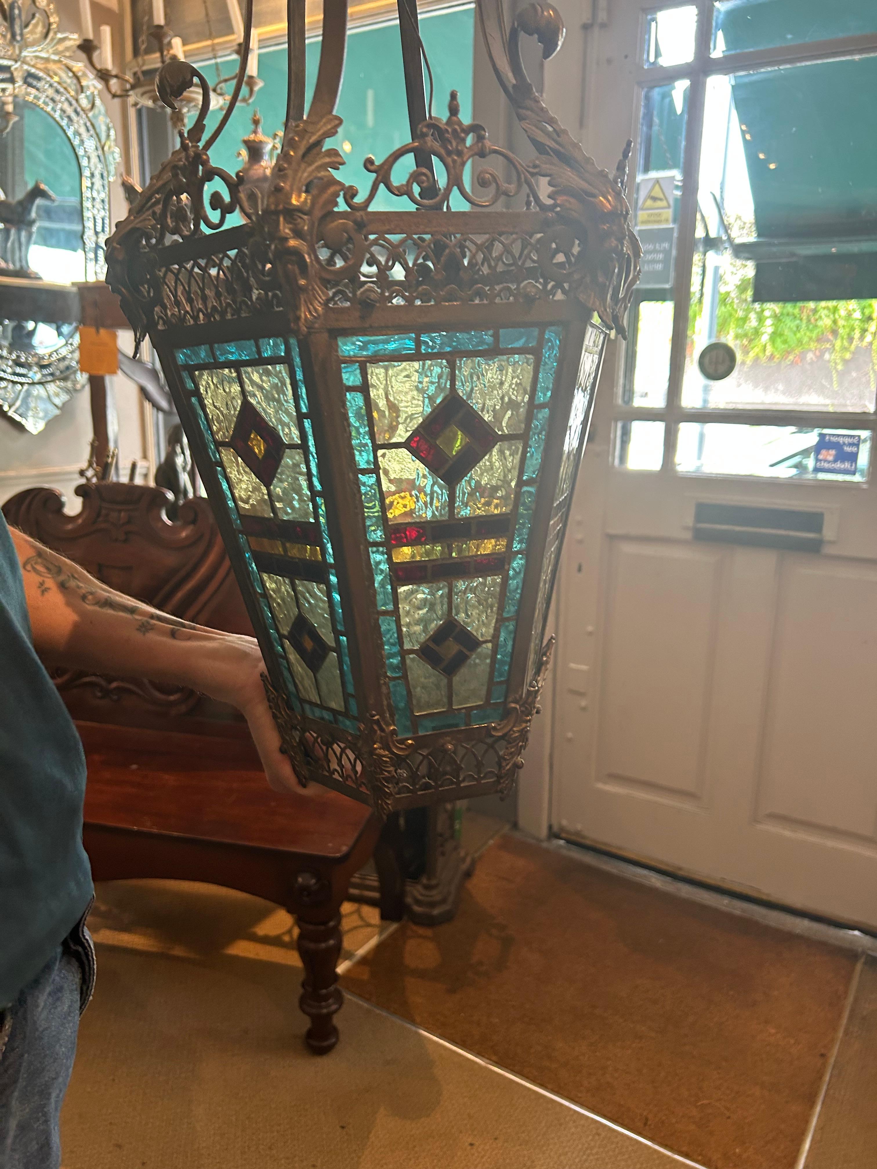 Victorian 19th Century Brass Hall Lantern With Original Stained Glass For Sale