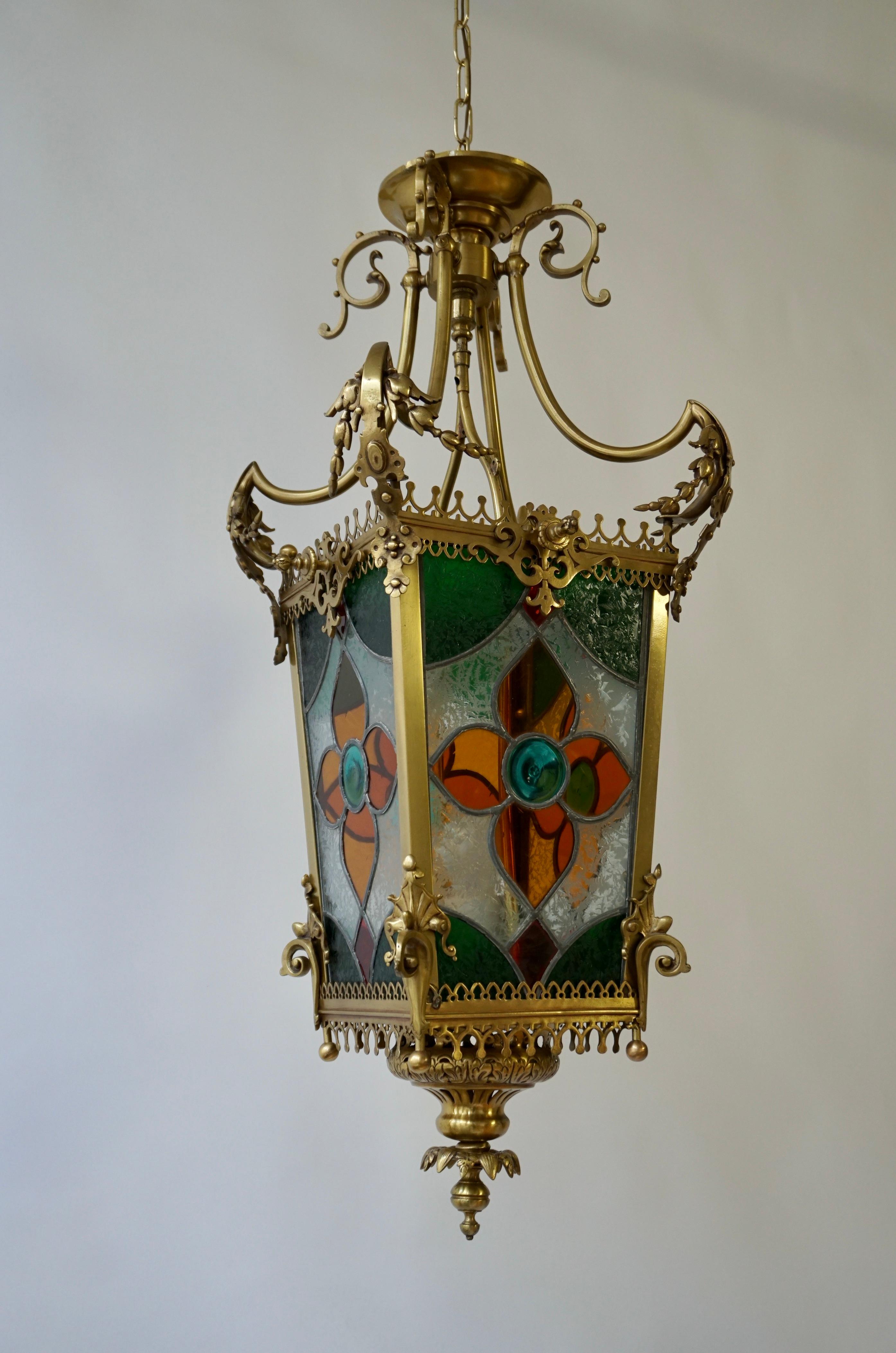 French 19th Century Brass Hall Lantern With Original Stained Glass For Sale