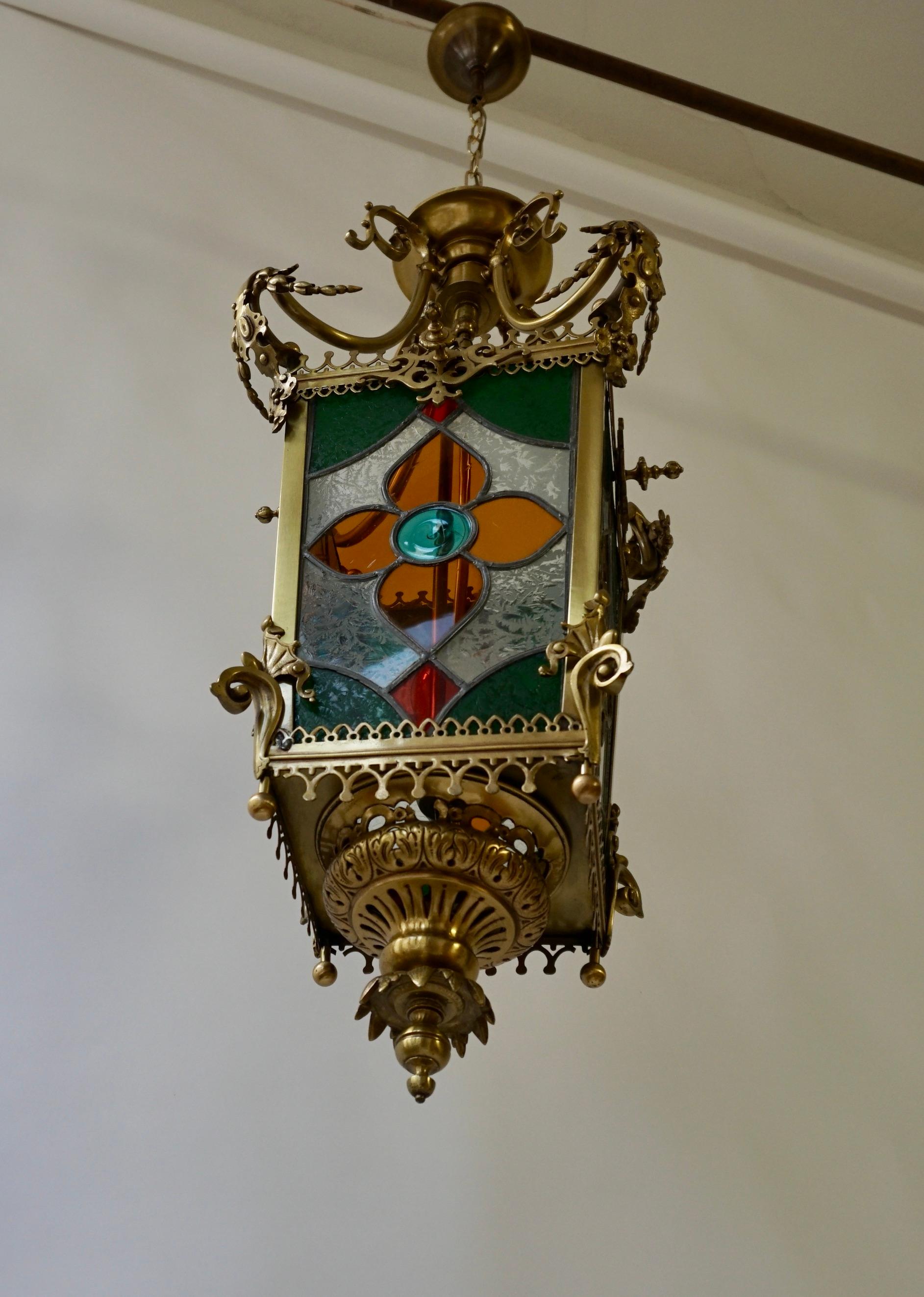 19th Century Brass Hall Lantern With Original Stained Glass In Good Condition For Sale In Antwerp, BE