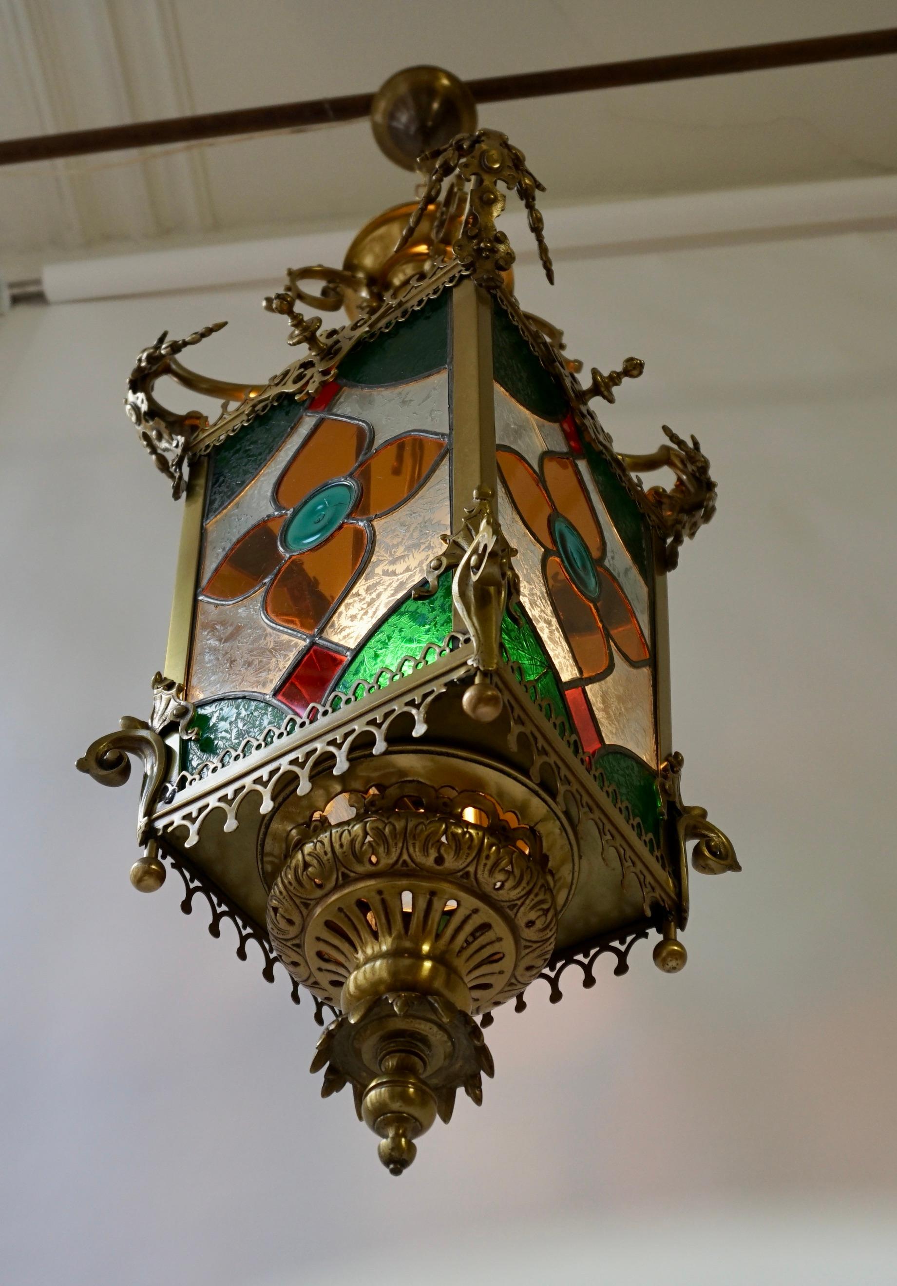 19th Century Brass Hall Lantern With Original Stained Glass For Sale 1