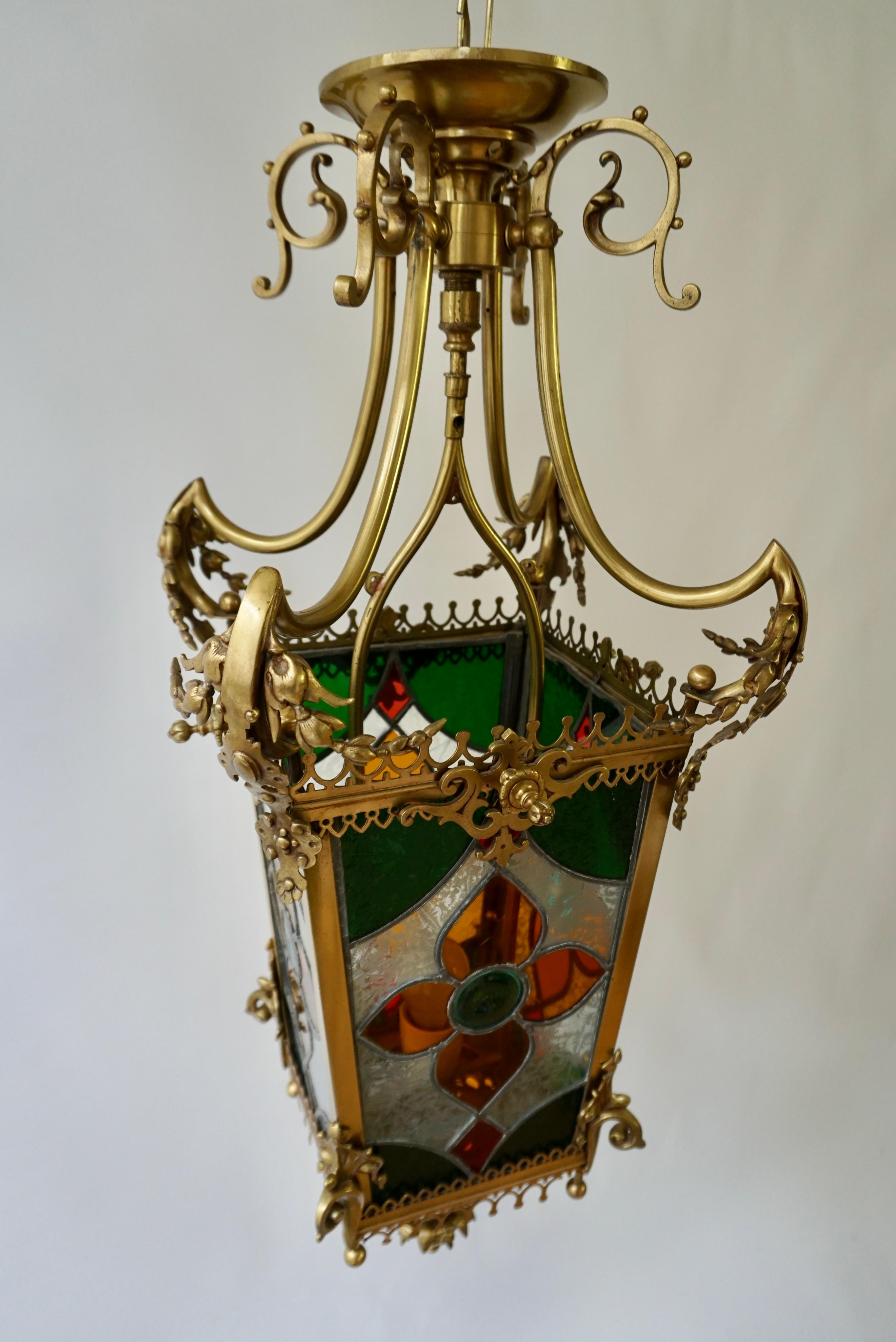 19th Century Brass Hall Lantern With Original Stained Glass For Sale 3