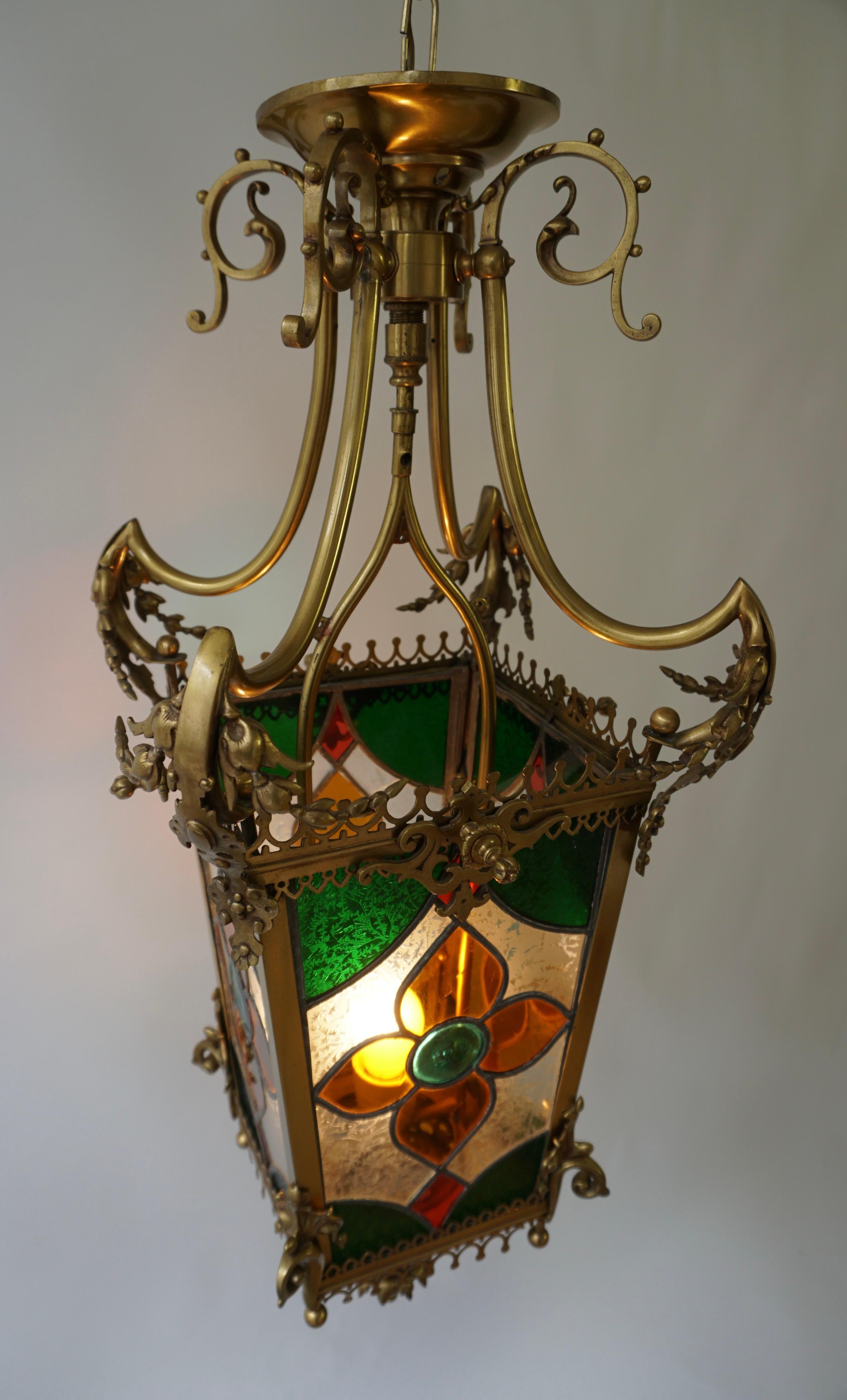 19th Century Brass Hall Lantern With Original Stained Glass For Sale 4