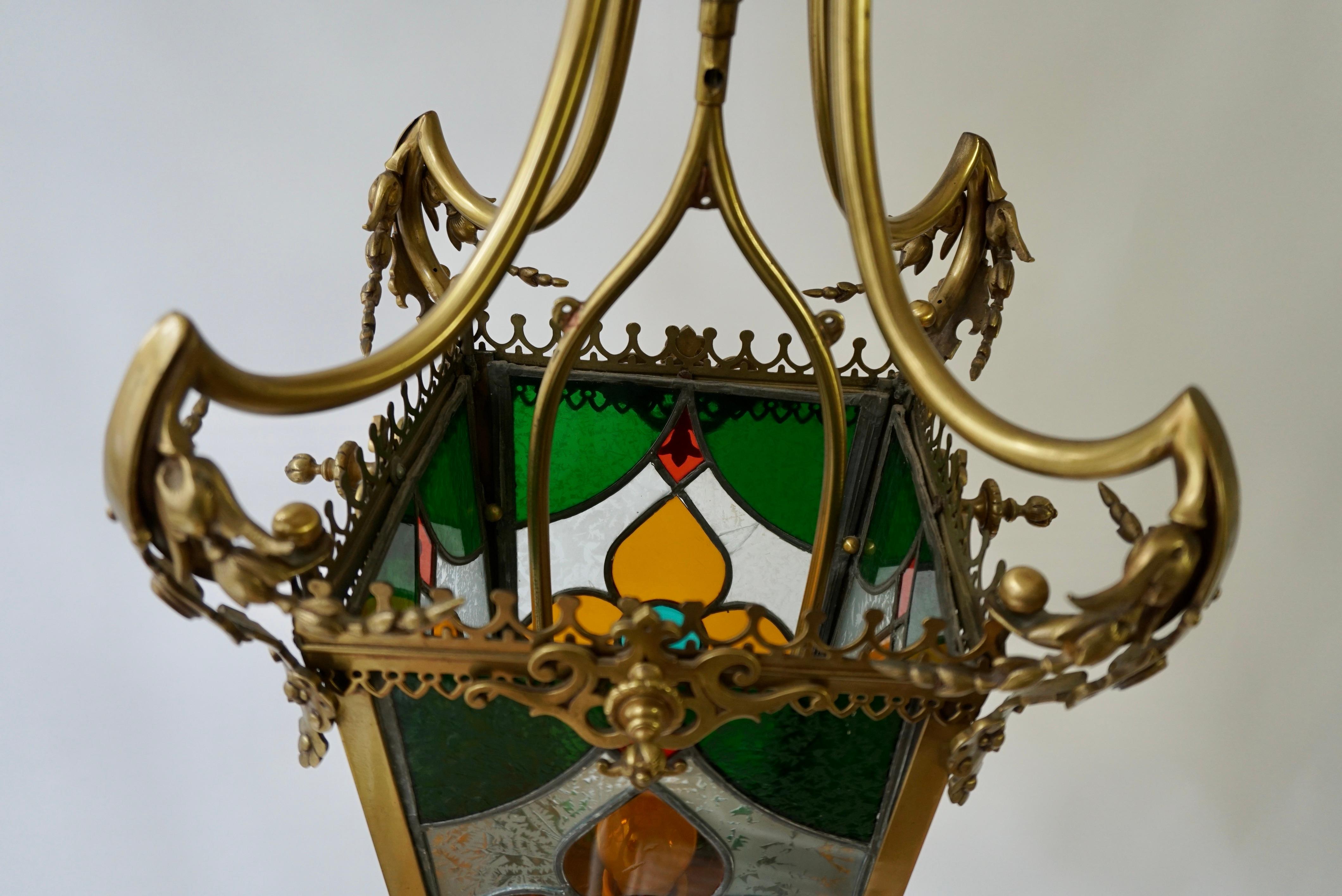 19th Century Brass Hall Lantern With Original Stained Glass For Sale 5