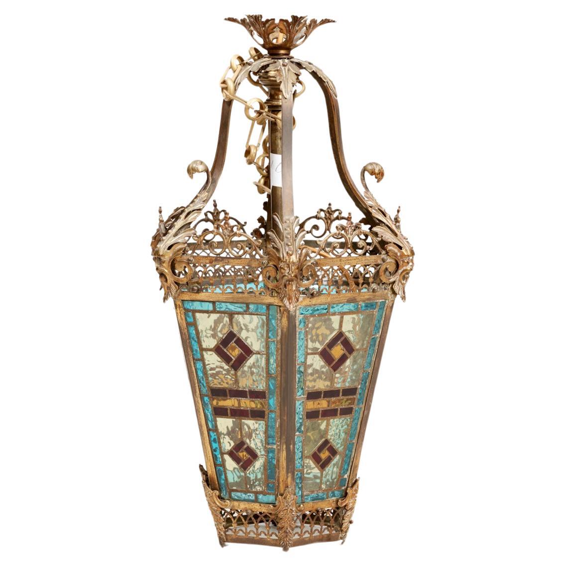 19th Century Brass Hall Lantern With Original Stained Glass For Sale