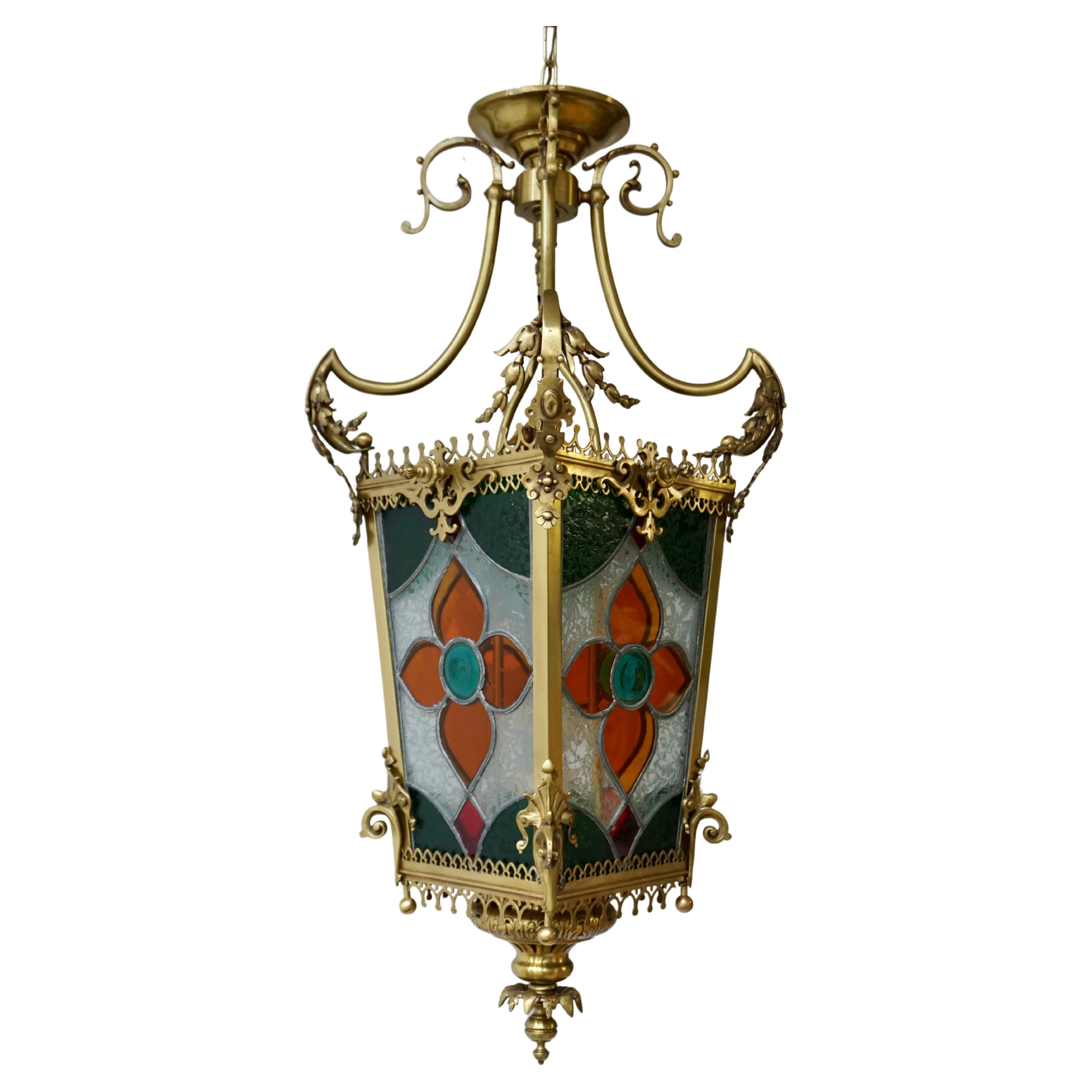 19th Century Brass Hall Lantern With Original Stained Glass